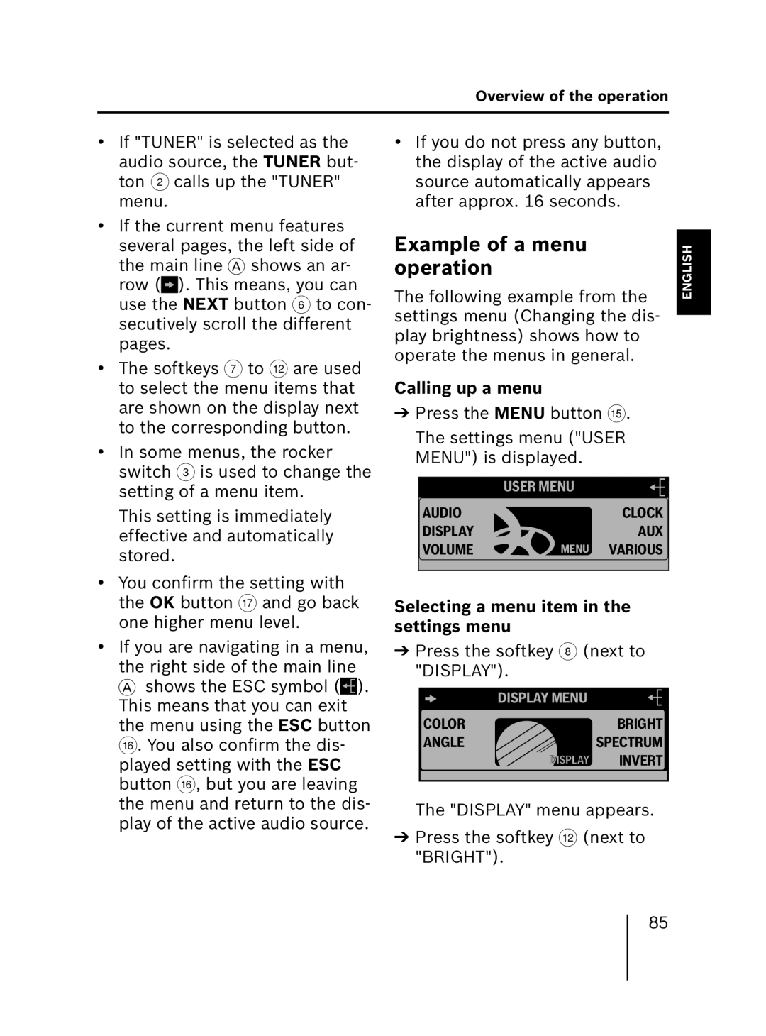 Blaupunkt MP56 Example of a menu operation, Calling up a menu, Selecting a menu item in the settings menu 