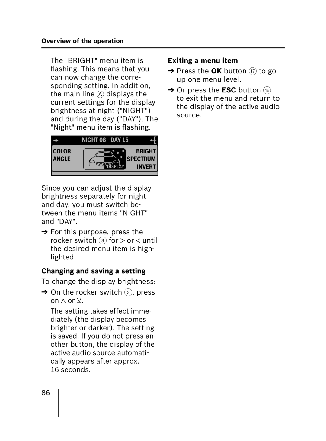 Blaupunkt MP56 operating instructions Changing and saving a setting, Exiting a menu item 