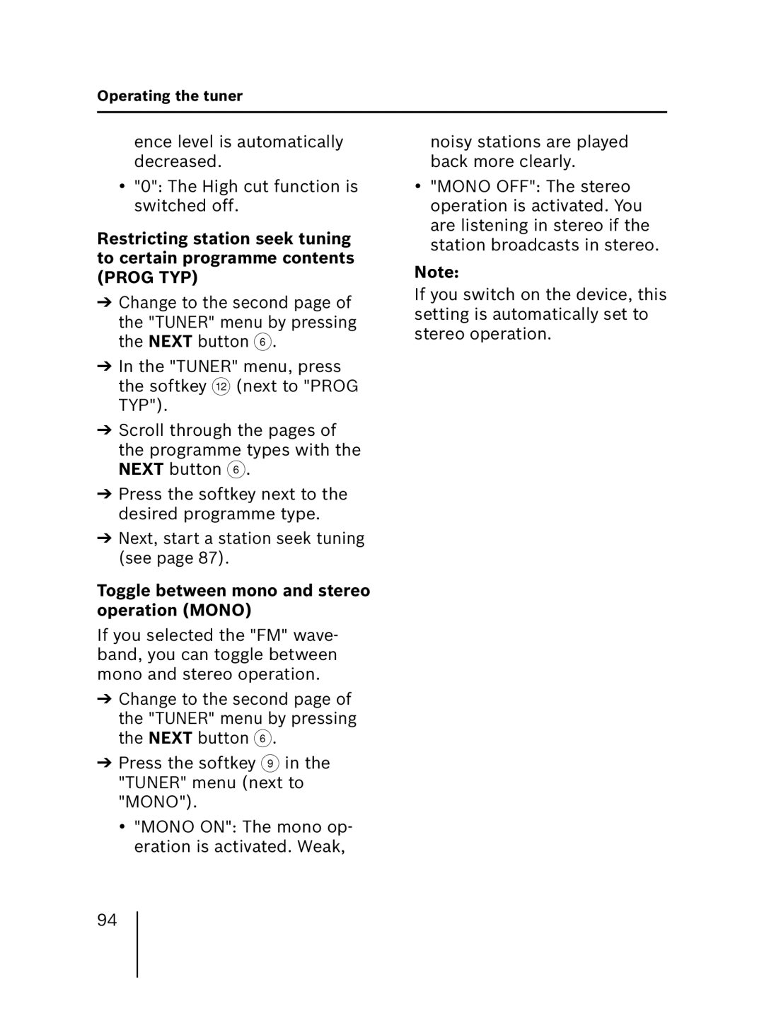 Blaupunkt MP56 operating instructions Toggle between mono and stereo operation Mono 