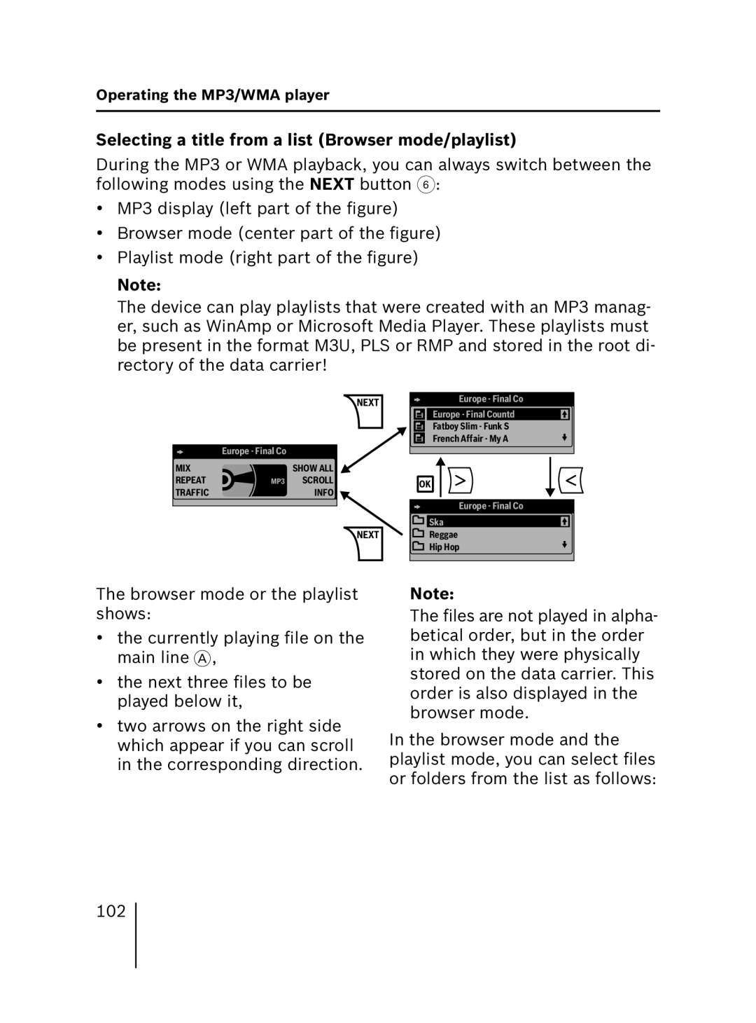 Blaupunkt MP56 operating instructions Selecting a title from a list Browser mode/playlist, Traffic Info Next 