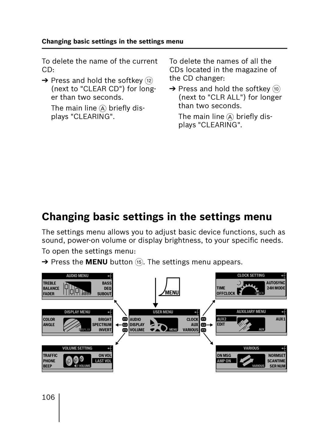 Blaupunkt MP56 operating instructions Changing basic settings in the settings menu, Menu 