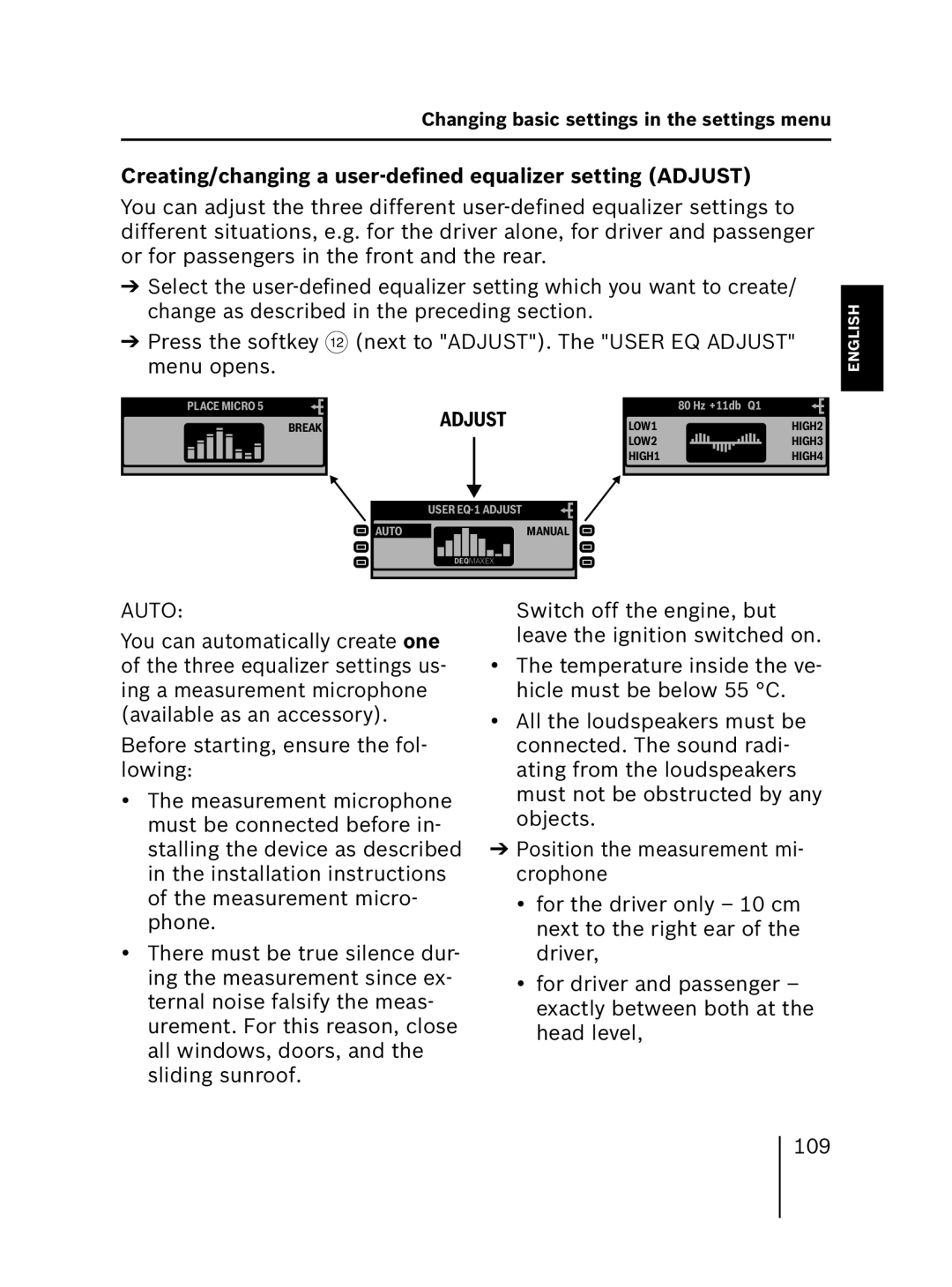 Blaupunkt MP56 operating instructions Creating/changing a user-deﬁned equalizer setting Adjust, Auto 