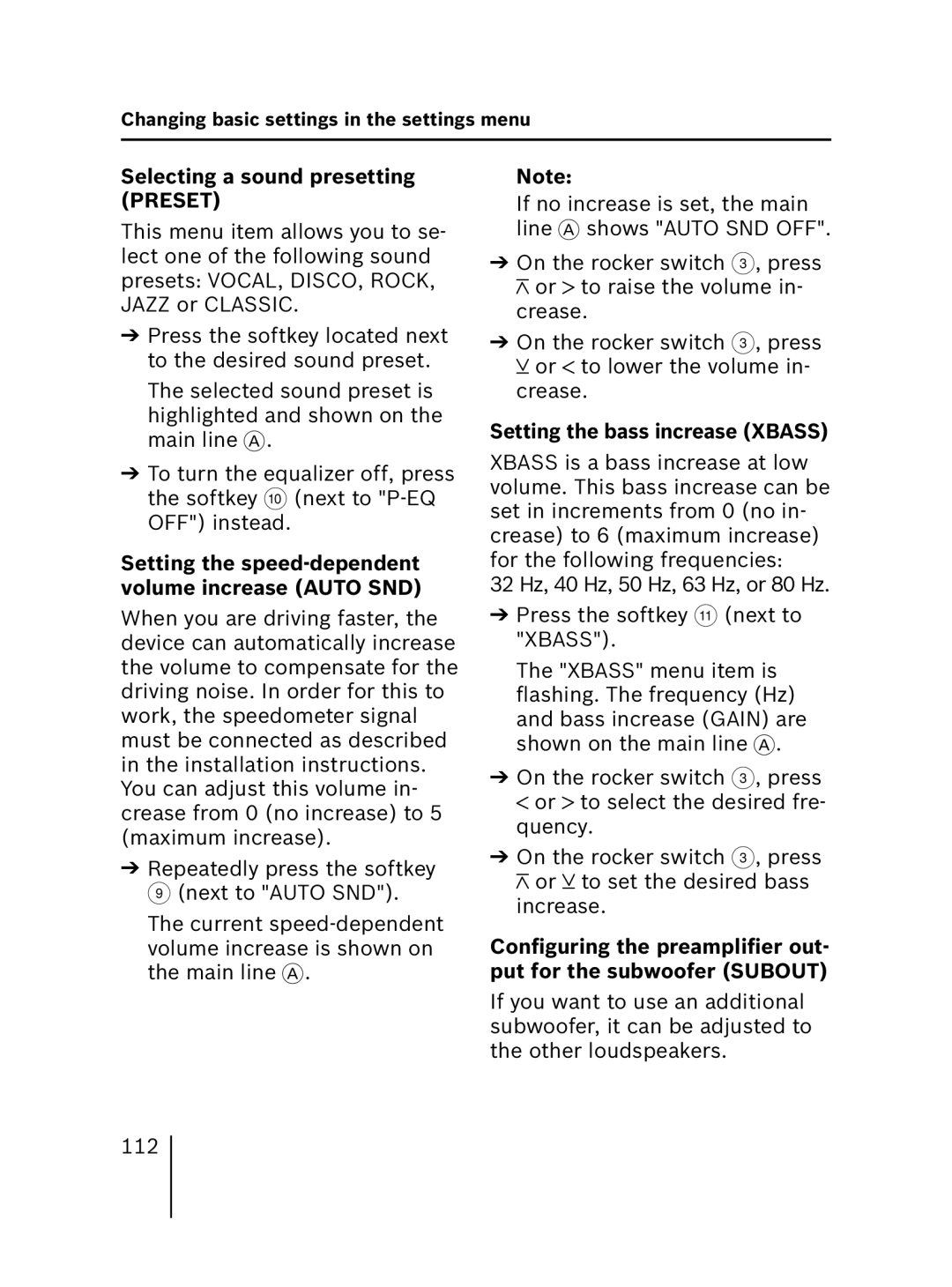 Blaupunkt MP56 Selecting a sound presetting Preset, Setting the speed-dependent volume increase Auto SND 