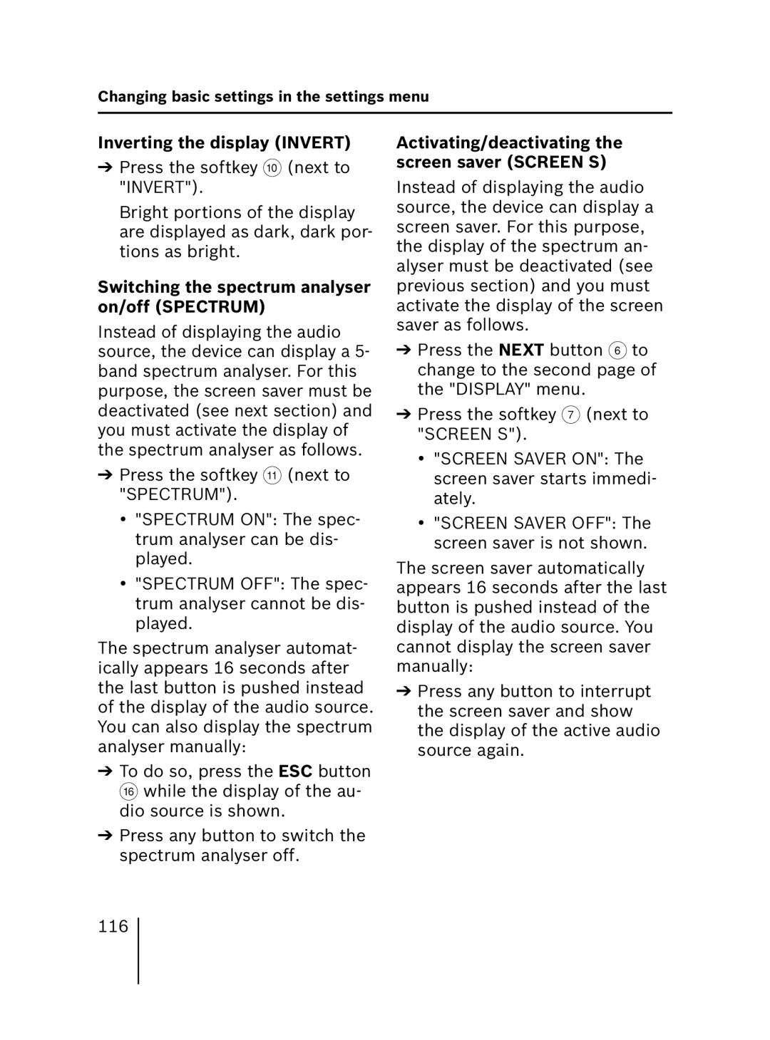 Blaupunkt MP56 operating instructions Inverting the display Invert, Switching the spectrum analyser on/off Spectrum 