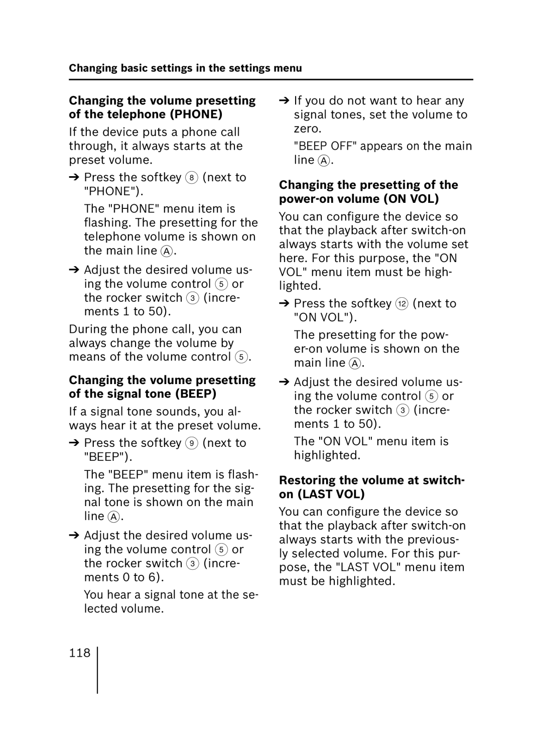 Blaupunkt MP56 Changing the volume presetting of the telephone Phone, Restoring the volume at switch- on Last VOL 