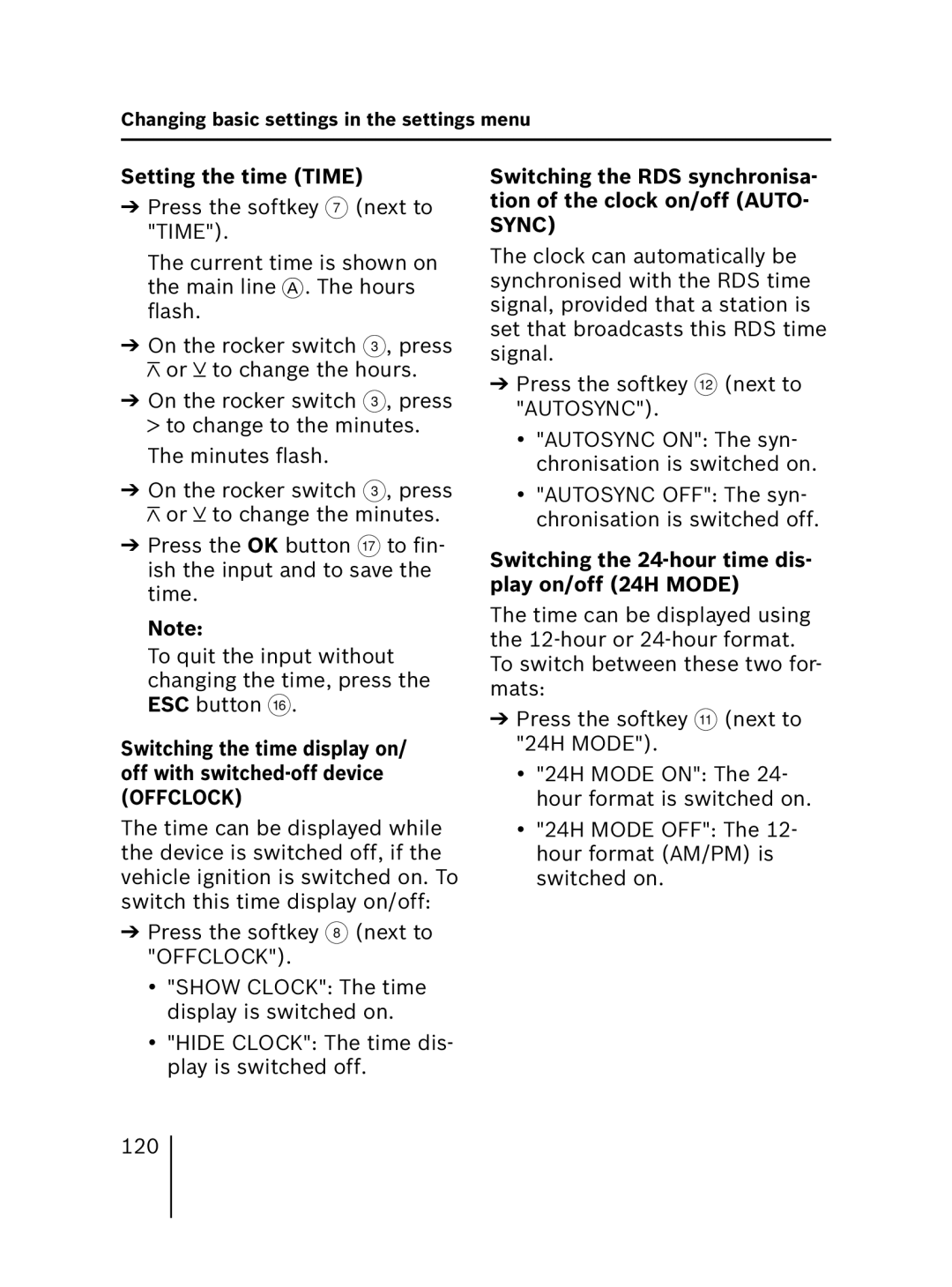 Blaupunkt MP56 operating instructions Setting the time Time, Switching the 24-hour time dis- play on/off 24H Mode 