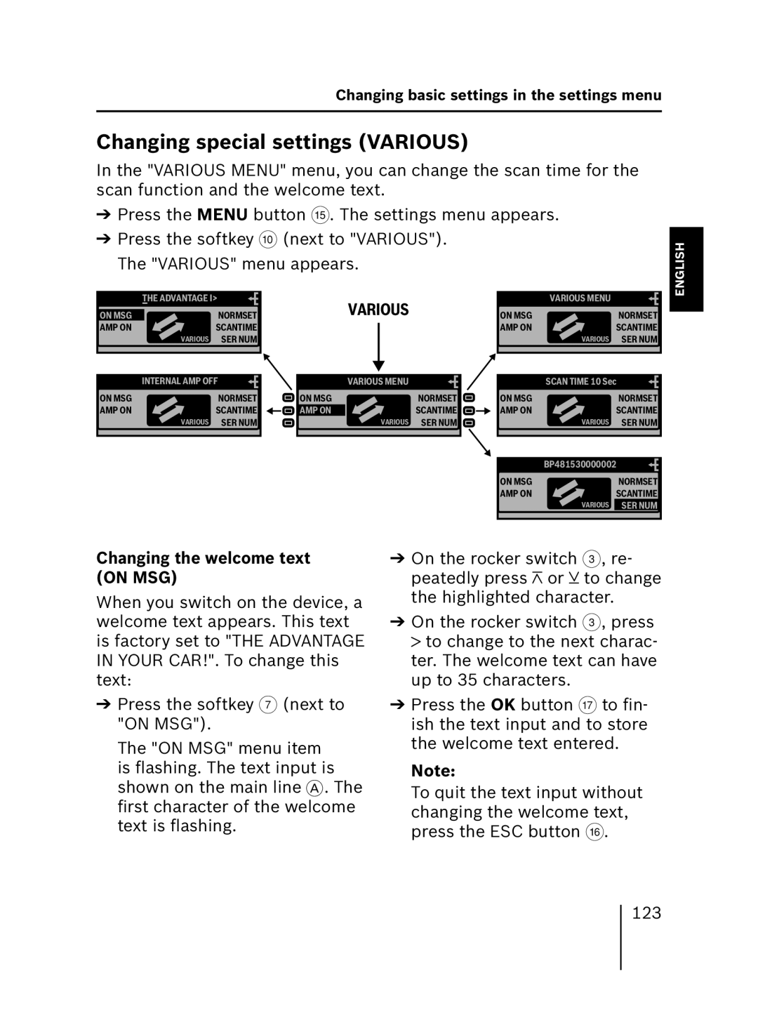 Blaupunkt MP56 operating instructions Changing special settings Various, Changing the welcome text on MSG 