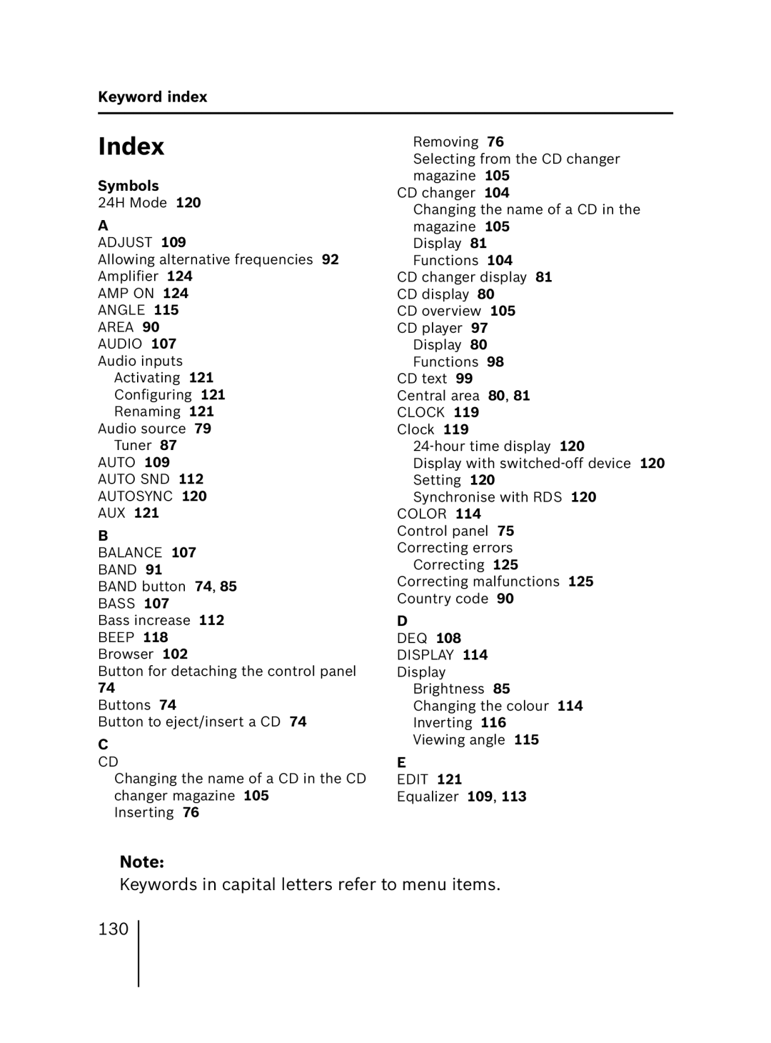 Blaupunkt MP56 operating instructions Keywords in capital letters refer to menu items 130 