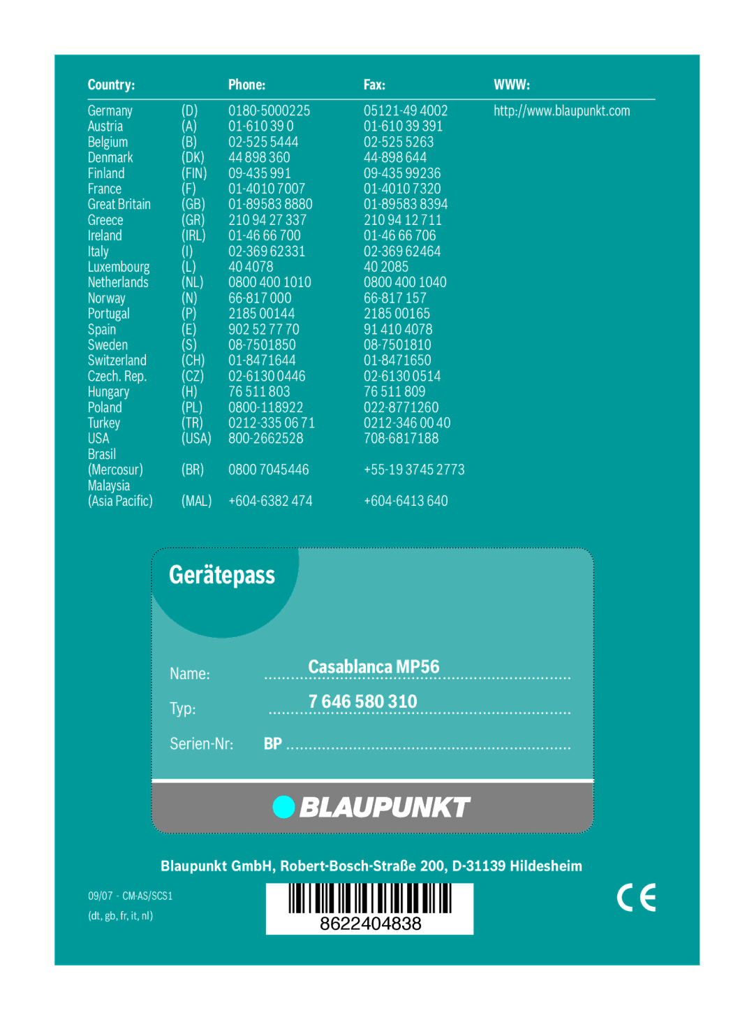 Blaupunkt MP56 operating instructions Gerätepass 