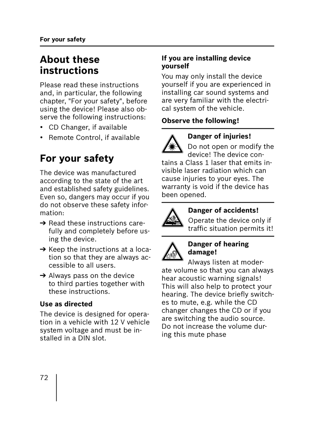 Blaupunkt MP56 About these instructions, For your safety, Use as directed, If you are installing device yourself 