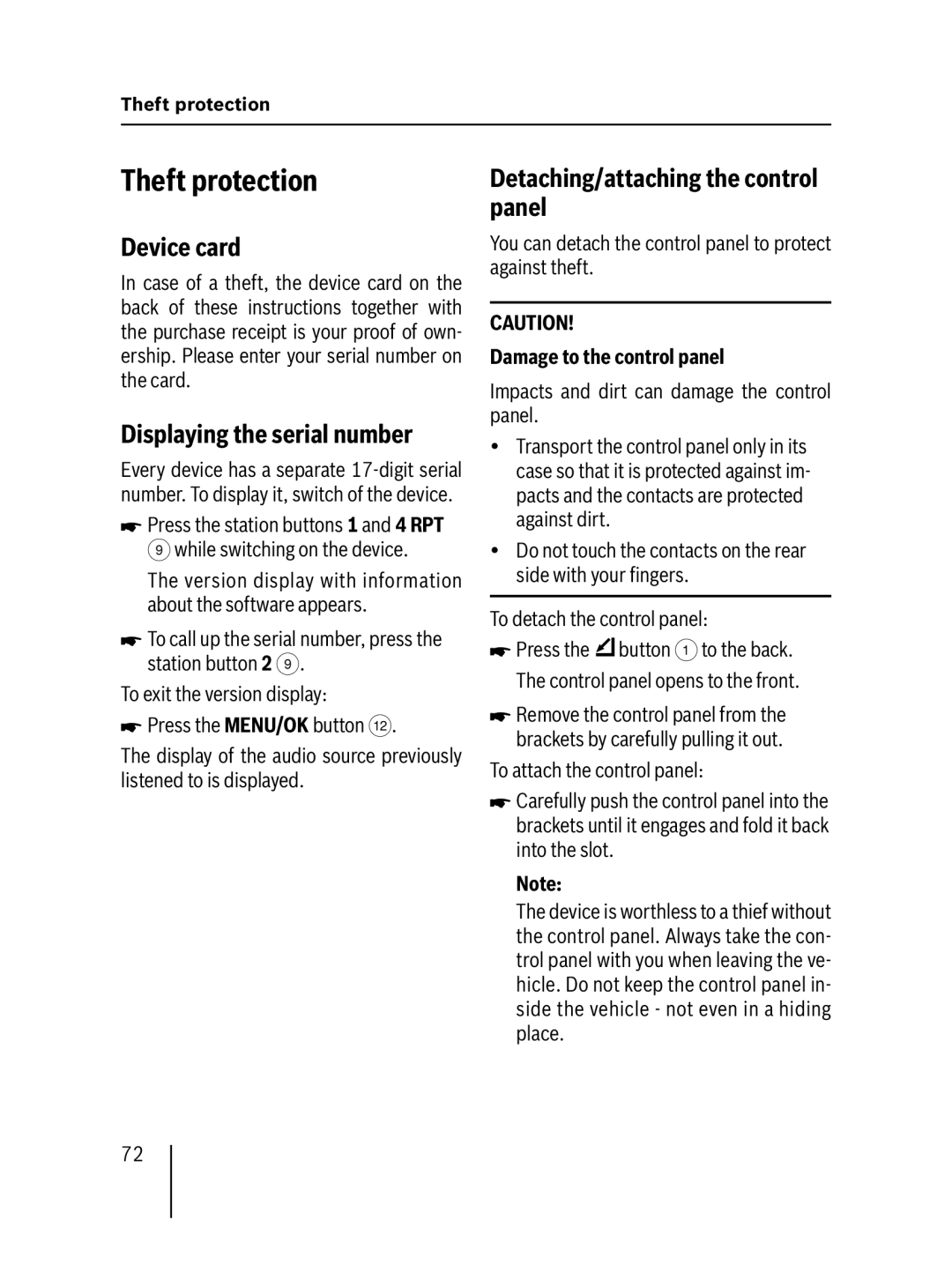 Blaupunkt MP57 Theft protection, Device card, Displaying the serial number, Detaching/attaching the control panel 