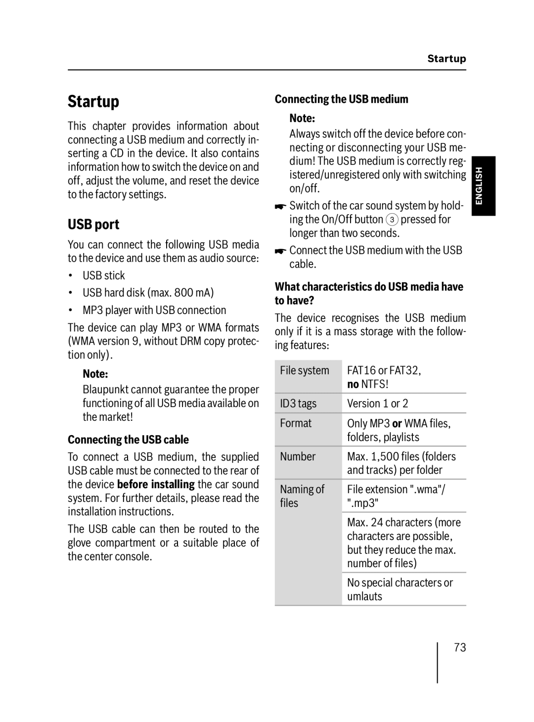 Blaupunkt MP57 operating instructions Startup, USB port, Connecting the USB cable, Connecting the USB medium 