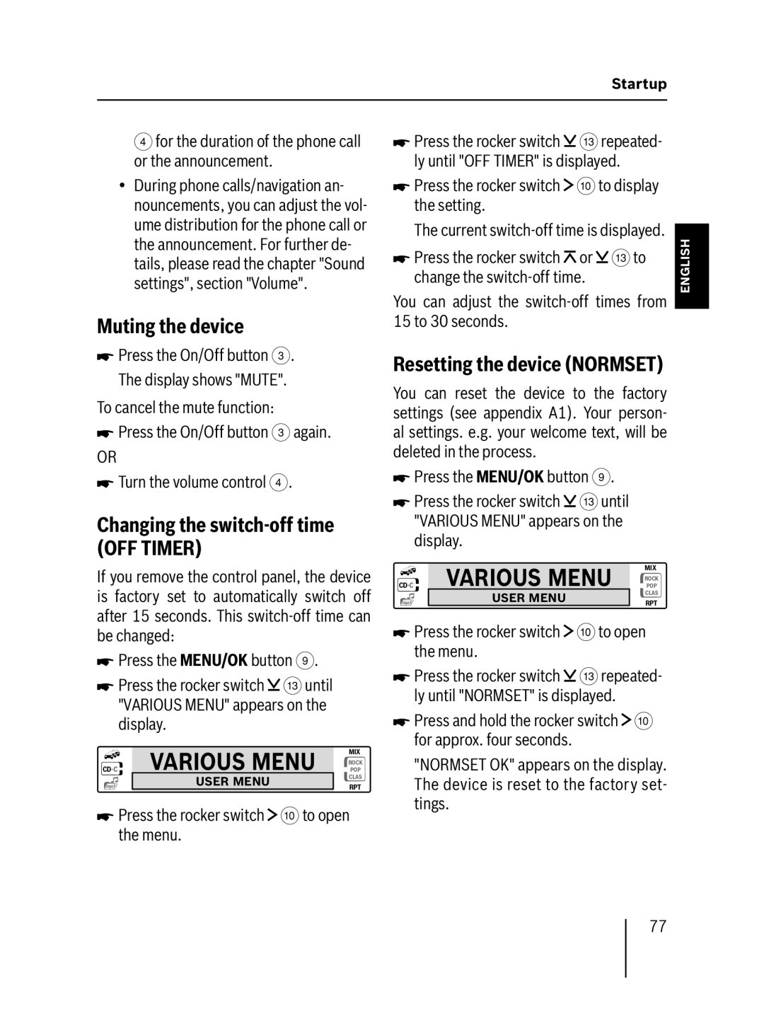 Blaupunkt MP57 operating instructions Various Menu, Muting the device, Changing the switch-off time OFF Timer 