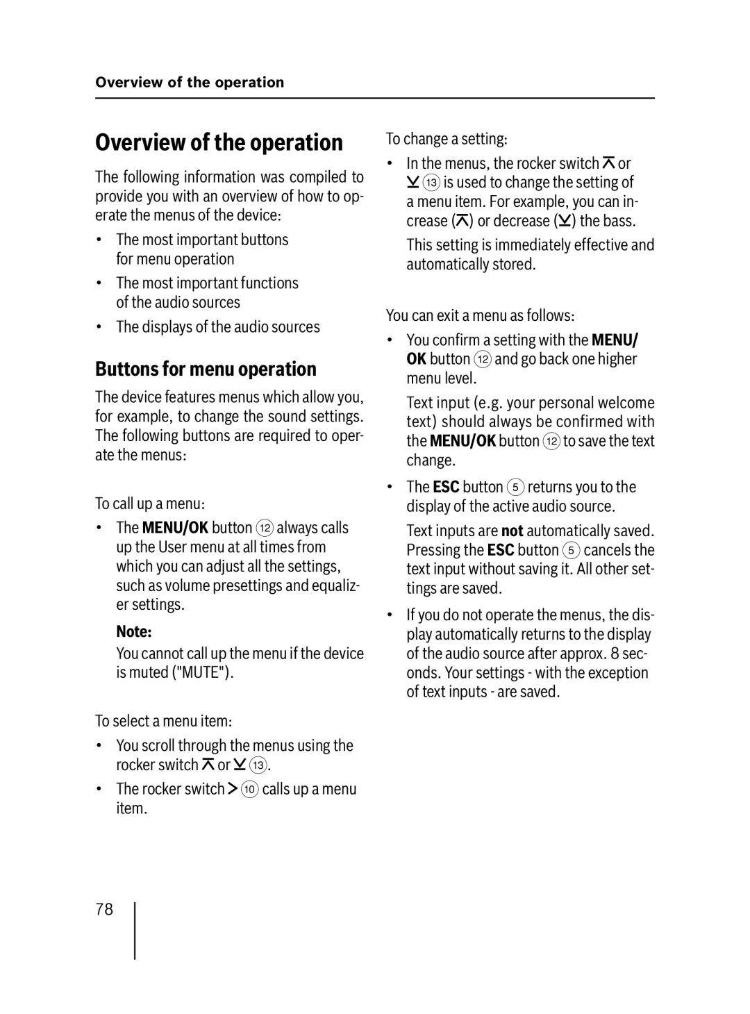 Blaupunkt MP57 Overview of the operation, Buttons for menu operation, Displays of the audio sources, To call up a menu 