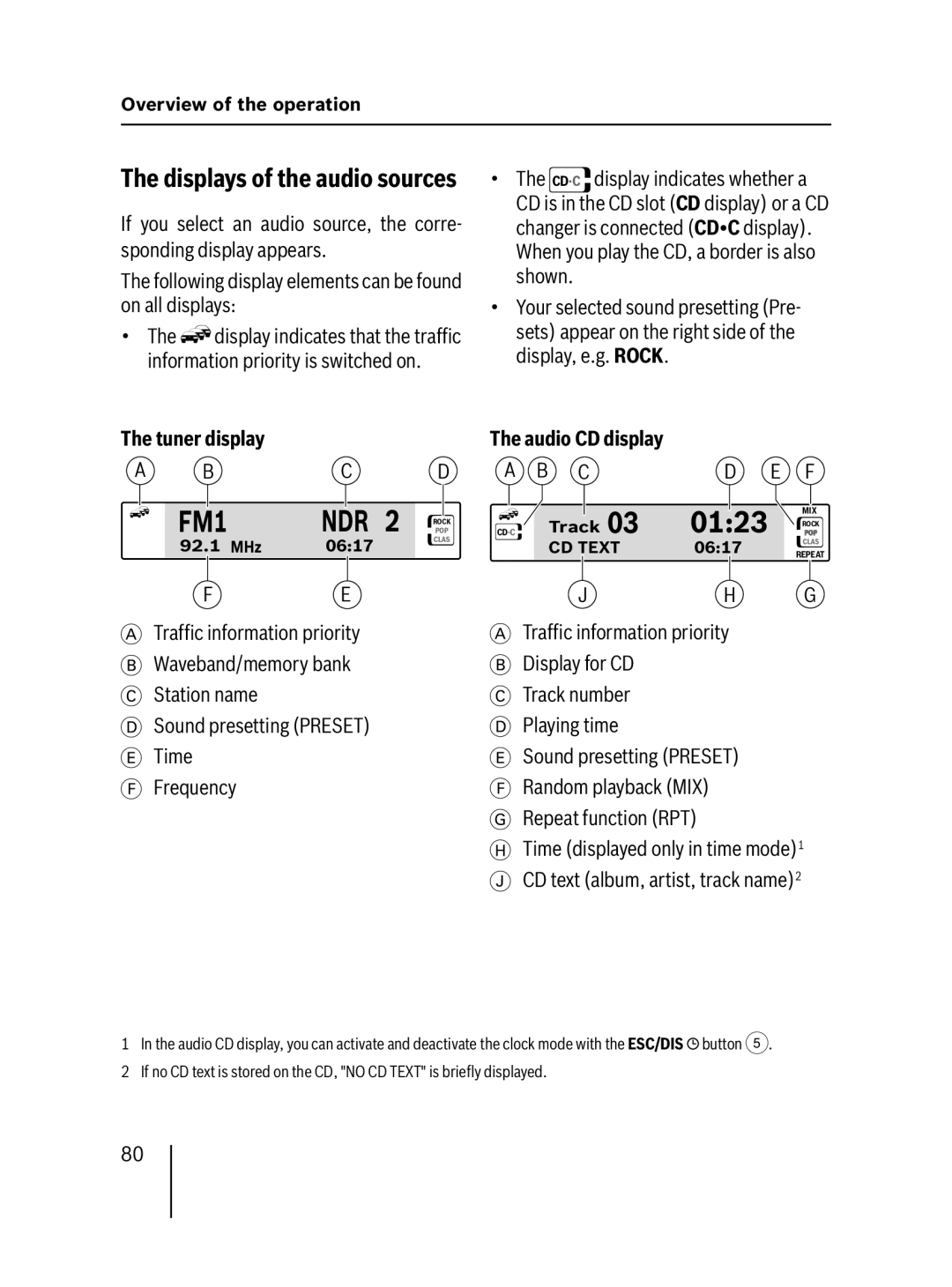 Blaupunkt MP57 operating instructions FM1 NDR, 0123, Tuner display, Audio CD display 