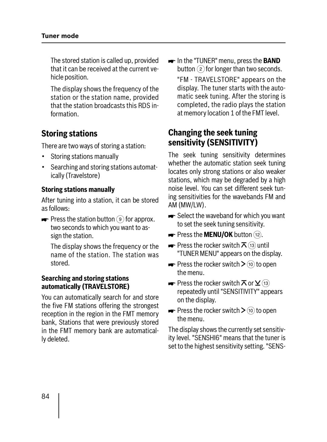 Blaupunkt MP57 operating instructions Storing stations manually, Changing the seek tuning sensitivity Sensitivity 