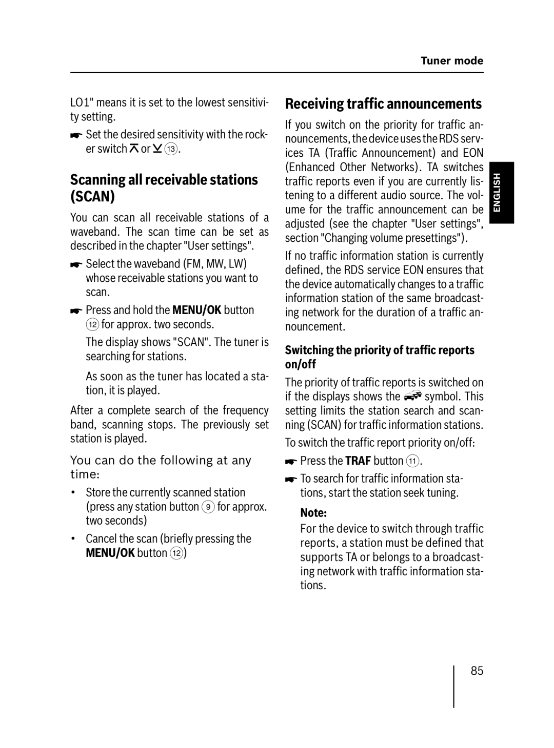 Blaupunkt MP57 operating instructions Scanning all receivable stations Scan, Receiving trafﬁc announcements 