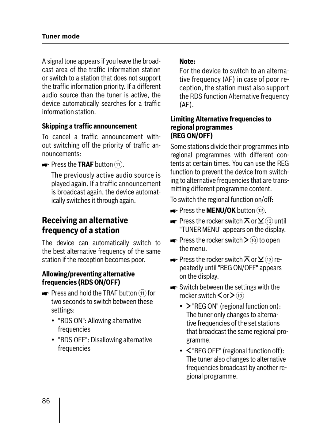 Blaupunkt MP57 Skipping a trafﬁc announcement, Receiving an alternative frequency of a station, Reg On/Off 