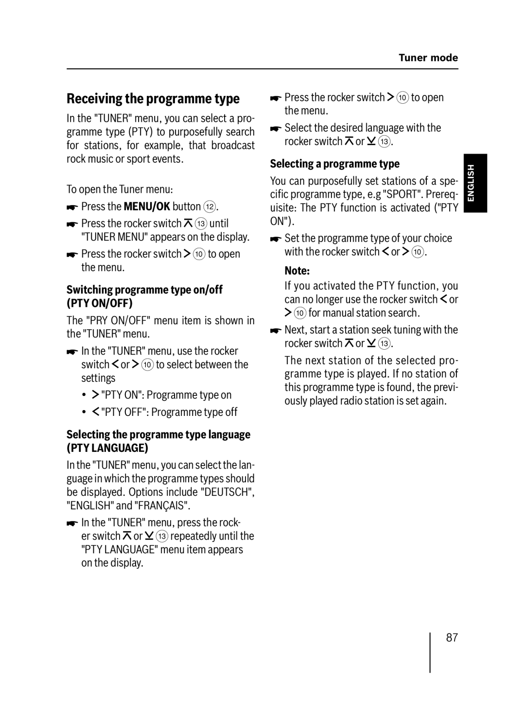 Blaupunkt MP57 To open the Tuner menu Press the MENU/OK button, Switching programme type on/off PTY ON/OFF, PTY Language 