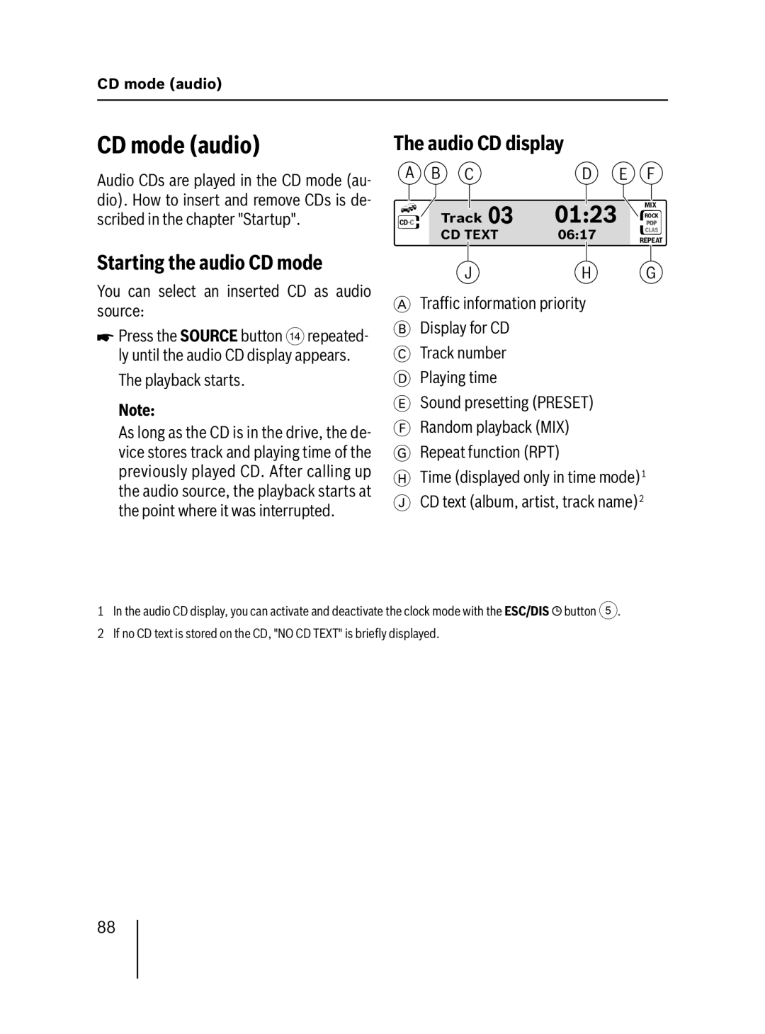 Blaupunkt MP57 operating instructions CD mode audio, Starting the audio CD mode, Audio CD display, Playback starts 