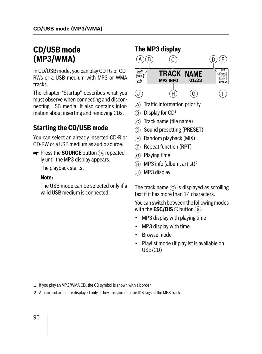 Blaupunkt MP57 operating instructions CD/USB mode MP3/WMA, Starting the CD/USB mode, Ly until the MP3 display appears 