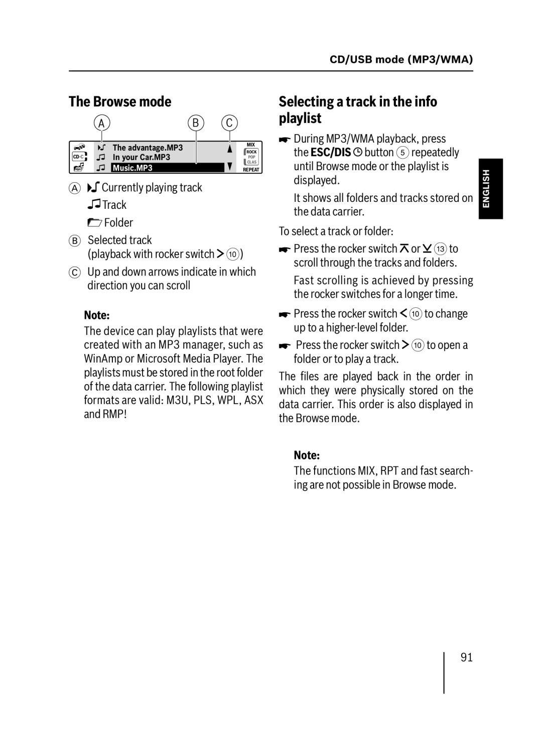 Blaupunkt MP57 operating instructions Browse mode, Selecting a track in the info playlist 