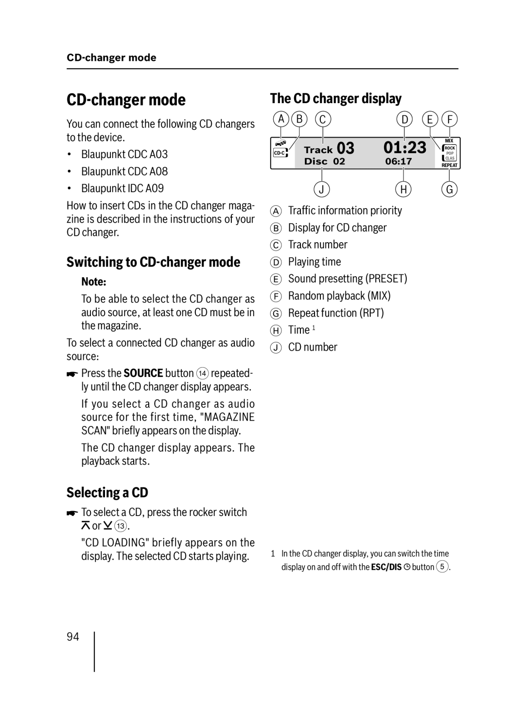 Blaupunkt MP57 operating instructions CD-changer mode, Selecting a CD, CD changer display 