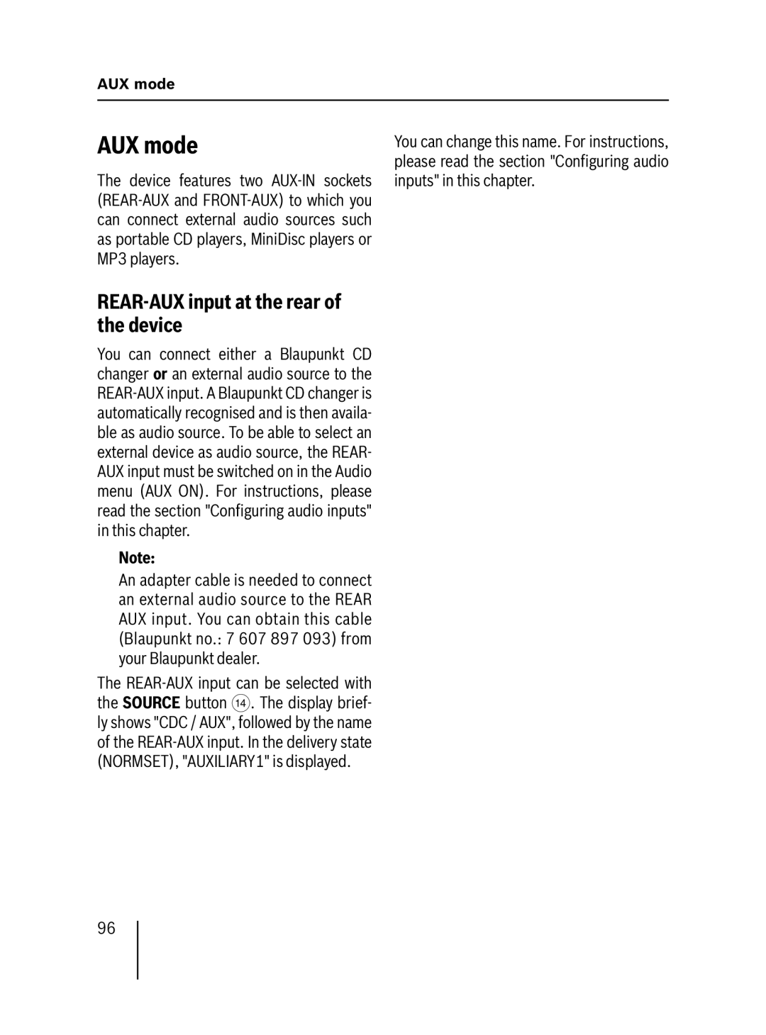 Blaupunkt MP57 operating instructions AUX mode, REAR-AUX input at the rear of the device 