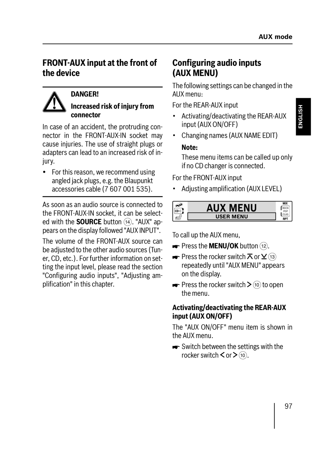 Blaupunkt MP57 operating instructions FRONT-AUX input at the front of the device, Conﬁguring audio inputs AUX Menu 