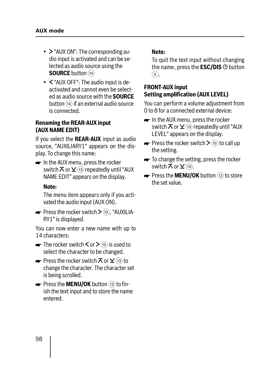 Blaupunkt MP57 Renaming the REAR-AUX input, AUX Name Edit, FRONT-AUX input Setting ampliﬁcation AUX Level 