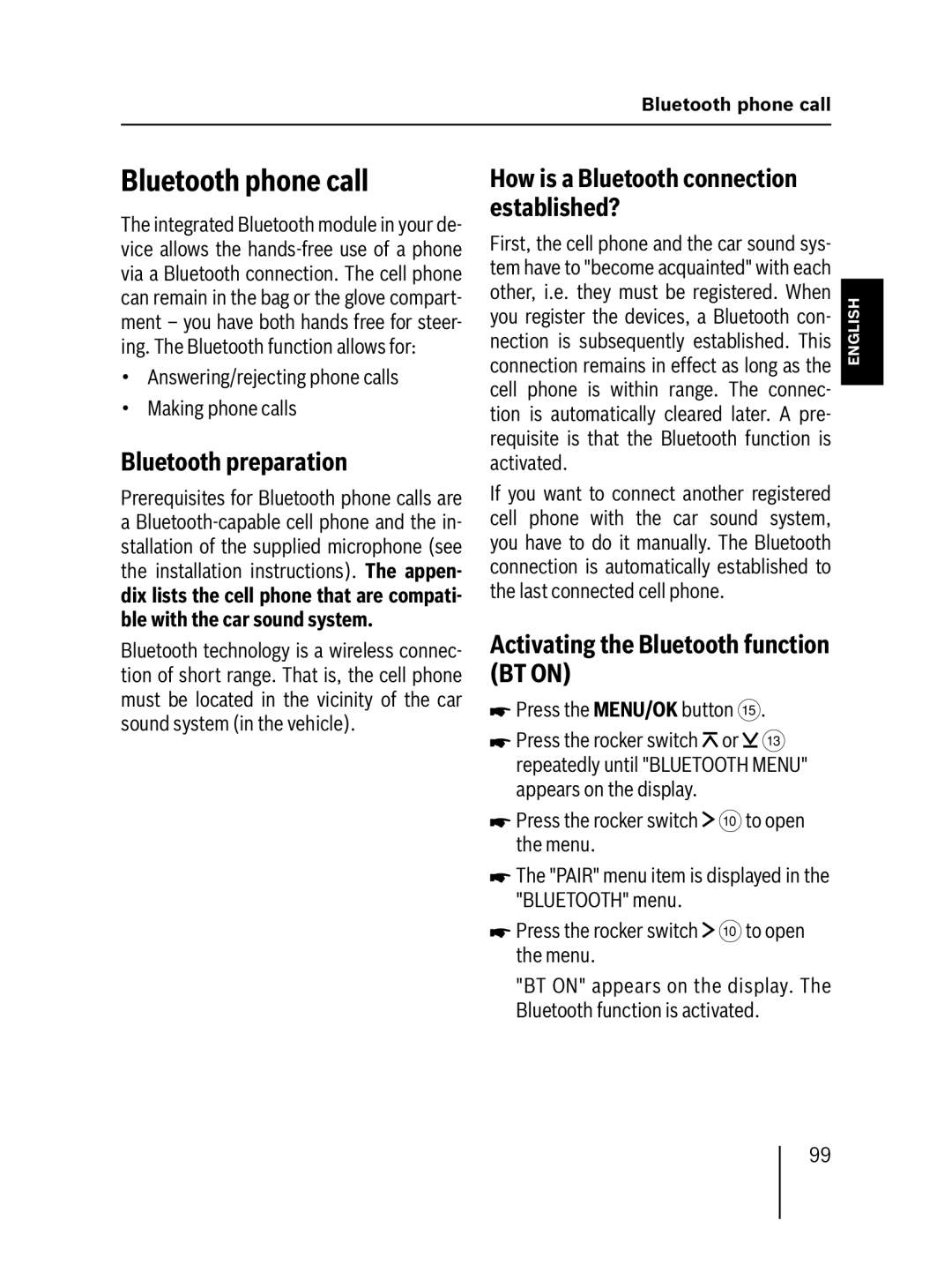 Blaupunkt MP57 Bluetooth phone call, Bluetooth preparation, How is a Bluetooth connection established? 