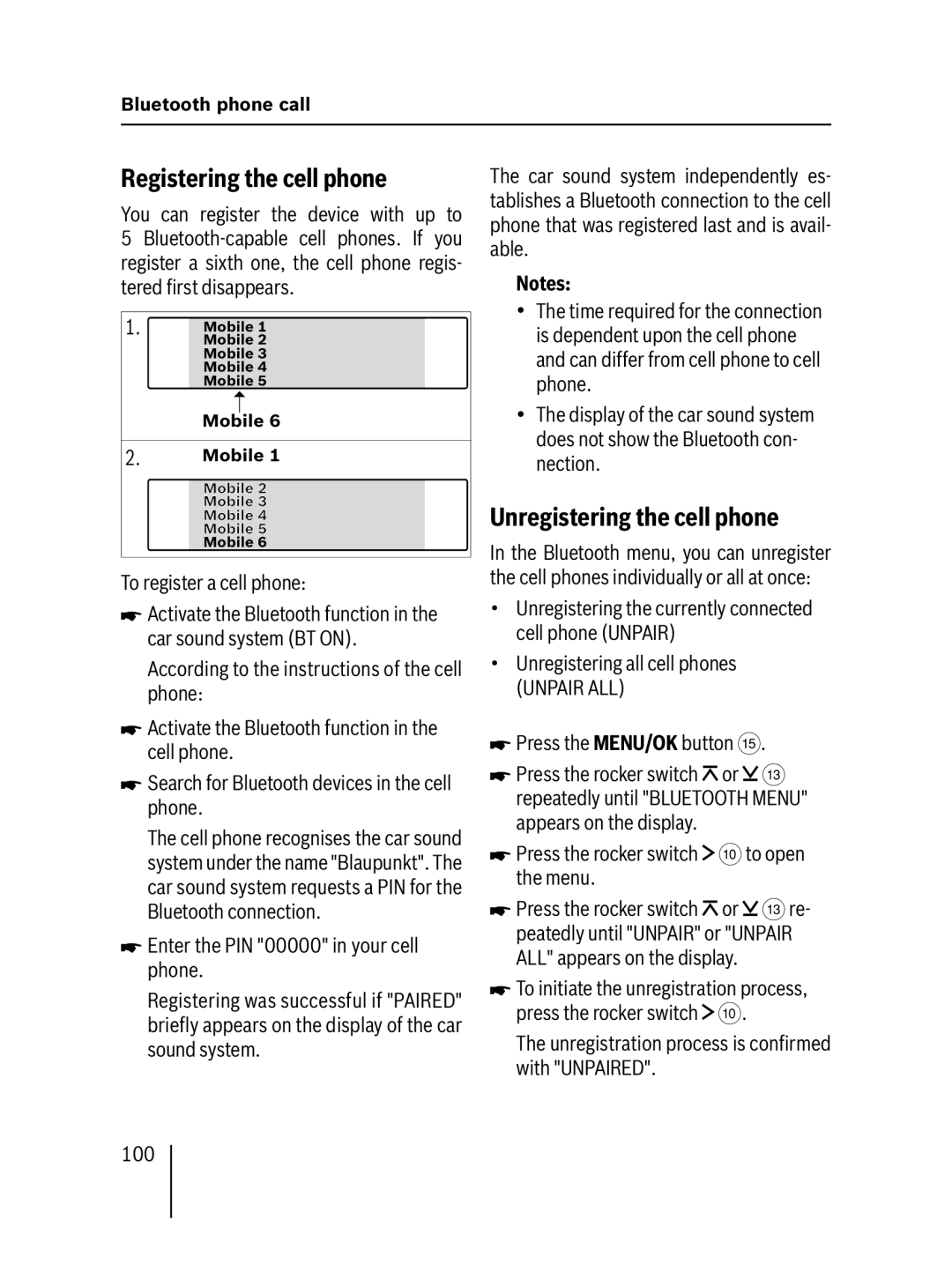 Blaupunkt MP57 operating instructions Registering the cell phone, Unregistering the cell phone, To register a cell phone 