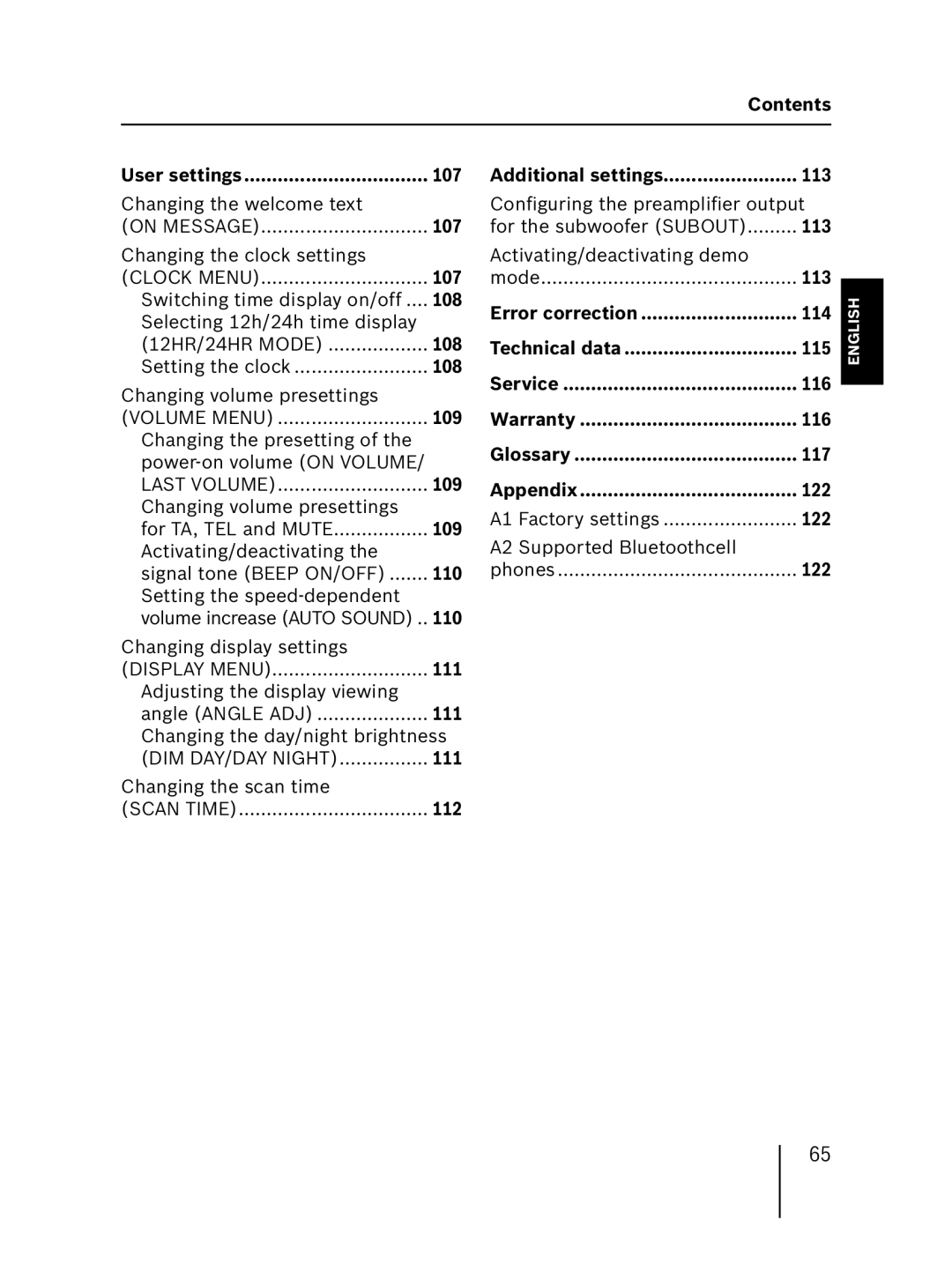 Blaupunkt MP57 operating instructions Contents User settings 107 