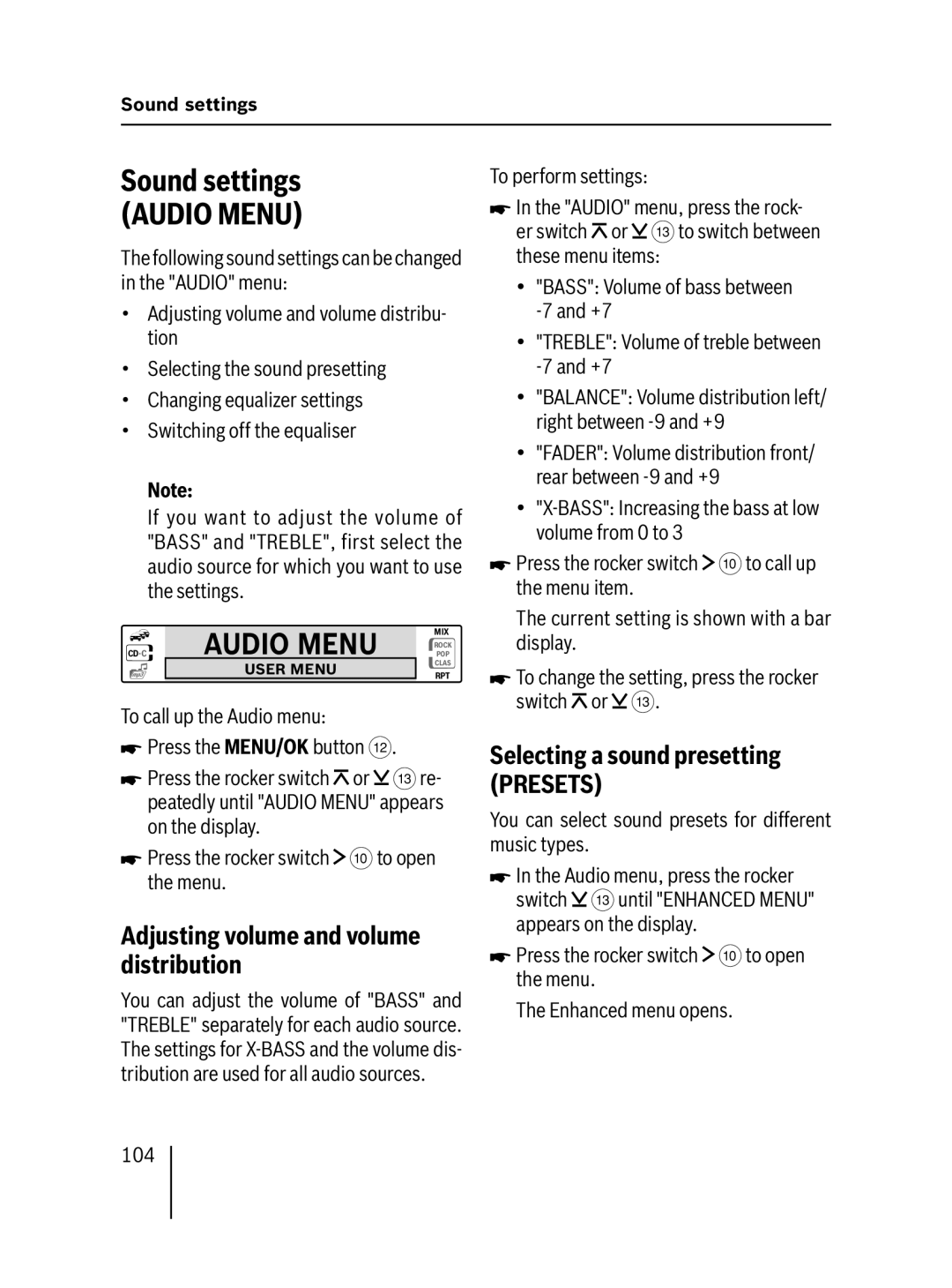 Blaupunkt MP57 Sound settings, Audio Menu, Adjusting volume and volume distribution, Selecting a sound presetting Presets 