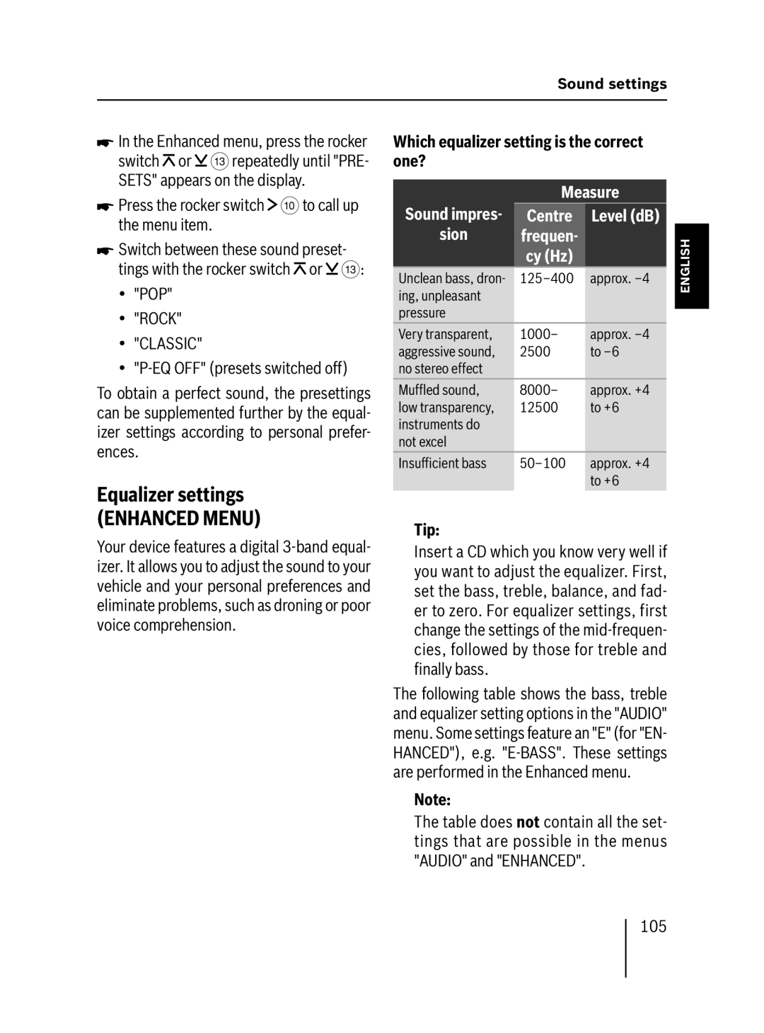 Blaupunkt MP57 operating instructions Equalizer settings, Which equalizer setting is the correct one?, Tip 