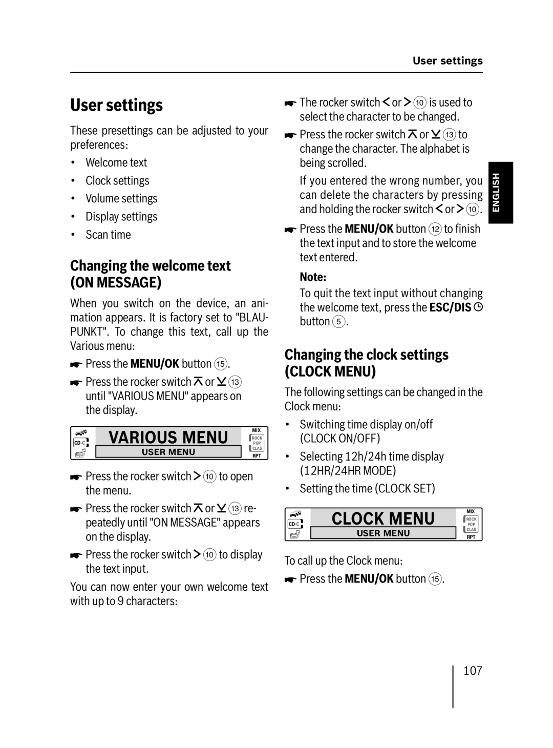 Blaupunkt MP57 operating instructions User settings, Clock Menu, Changing the welcome text, Changing the clock settings 