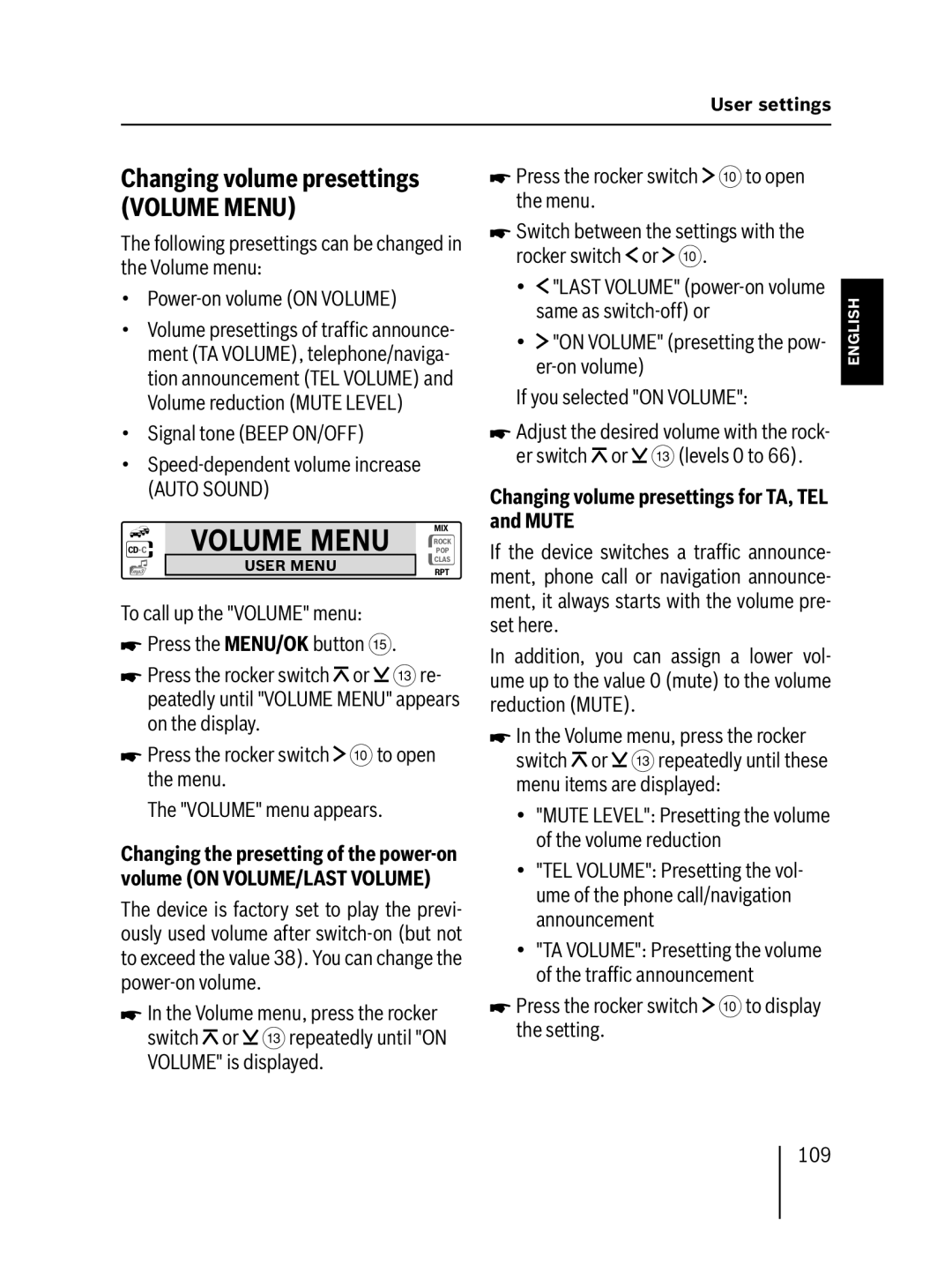 Blaupunkt MP57 operating instructions Volume Menu, Changing volume presettings for TA, TEL and Mute 