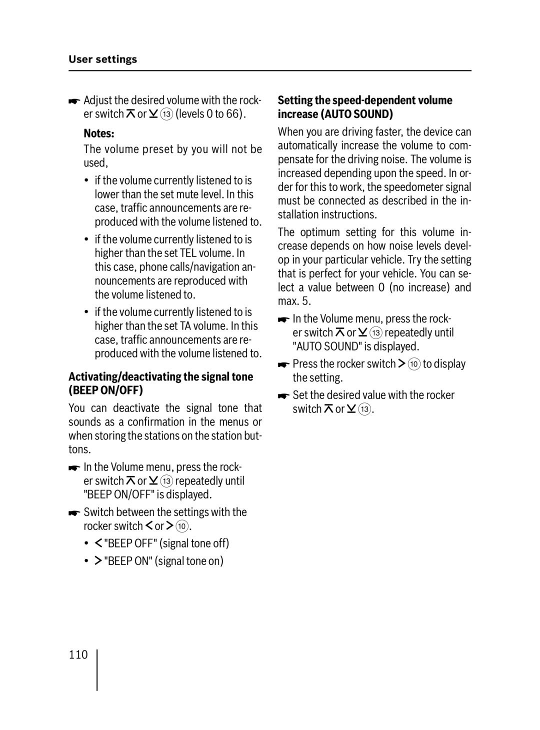 Blaupunkt MP57 Activating/deactivating the signal tone Beep ON/OFF, Setting the speed-dependent volume increase Auto Sound 