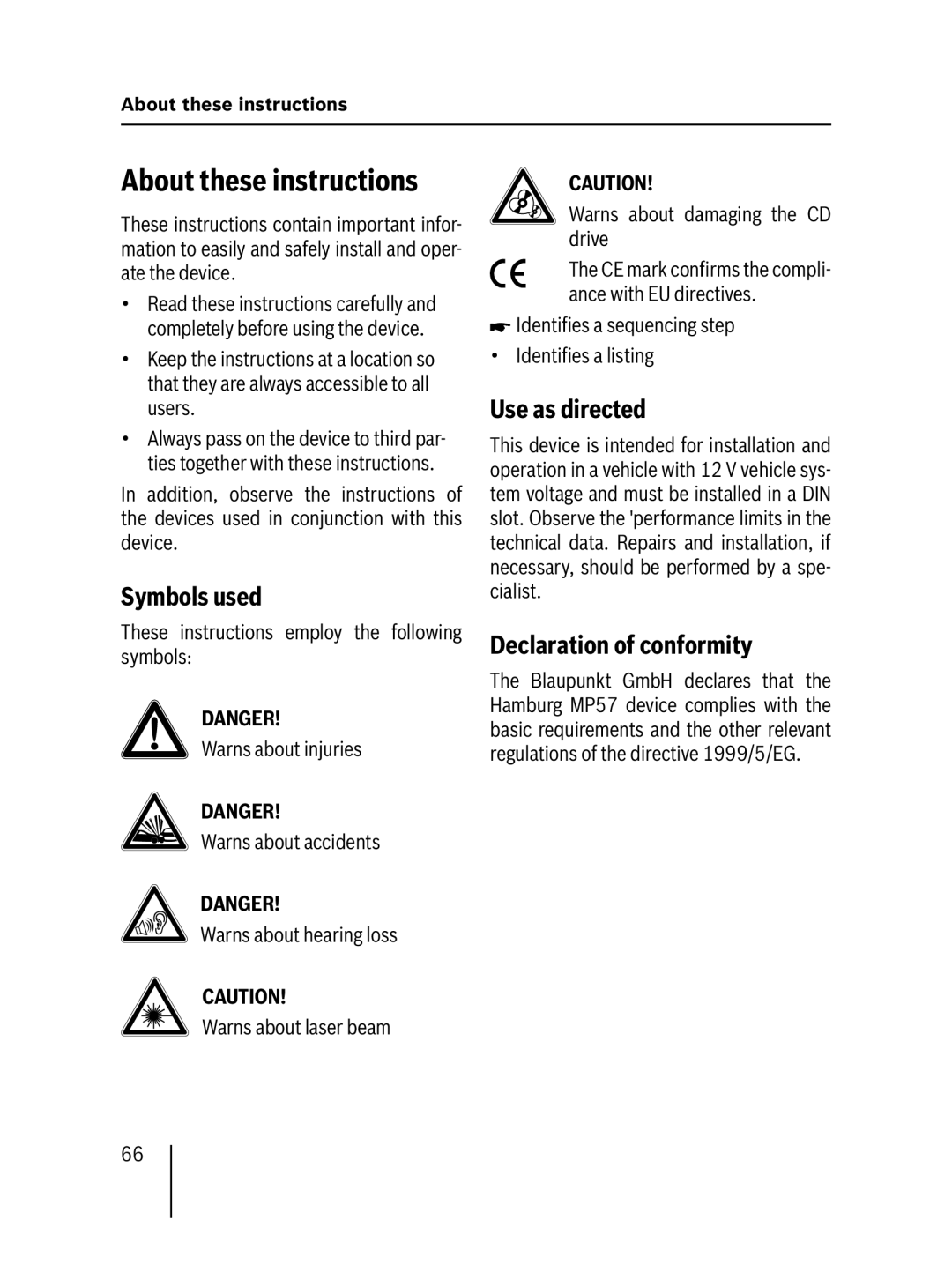 Blaupunkt MP57 operating instructions About these instructions, Symbols used, Use as directed, Declaration of conformity 