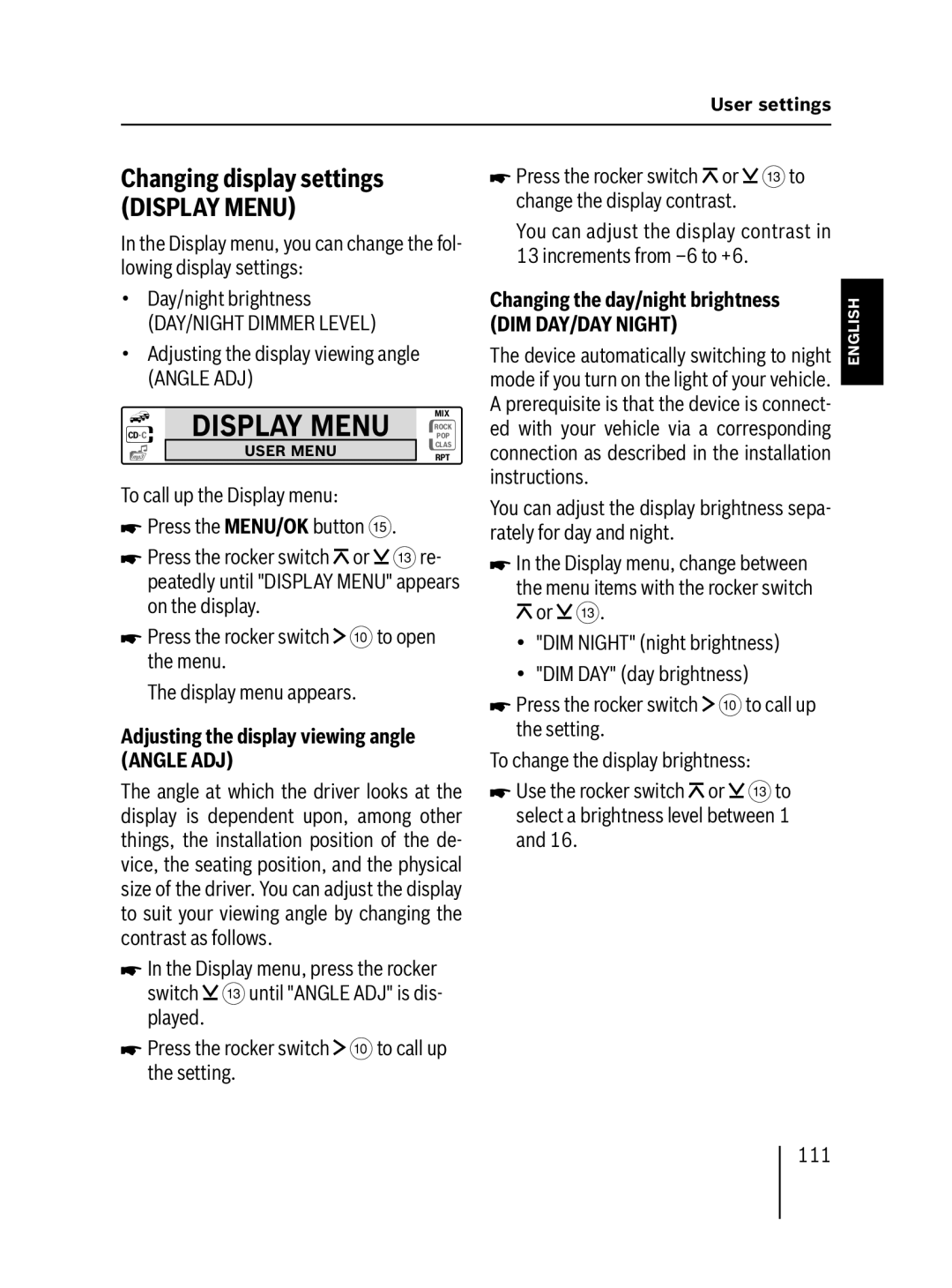 Blaupunkt MP57 Display Menu, Changing display settings, Adjusting the display viewing angle Angle ADJ, DIM DAY/DAY Night 