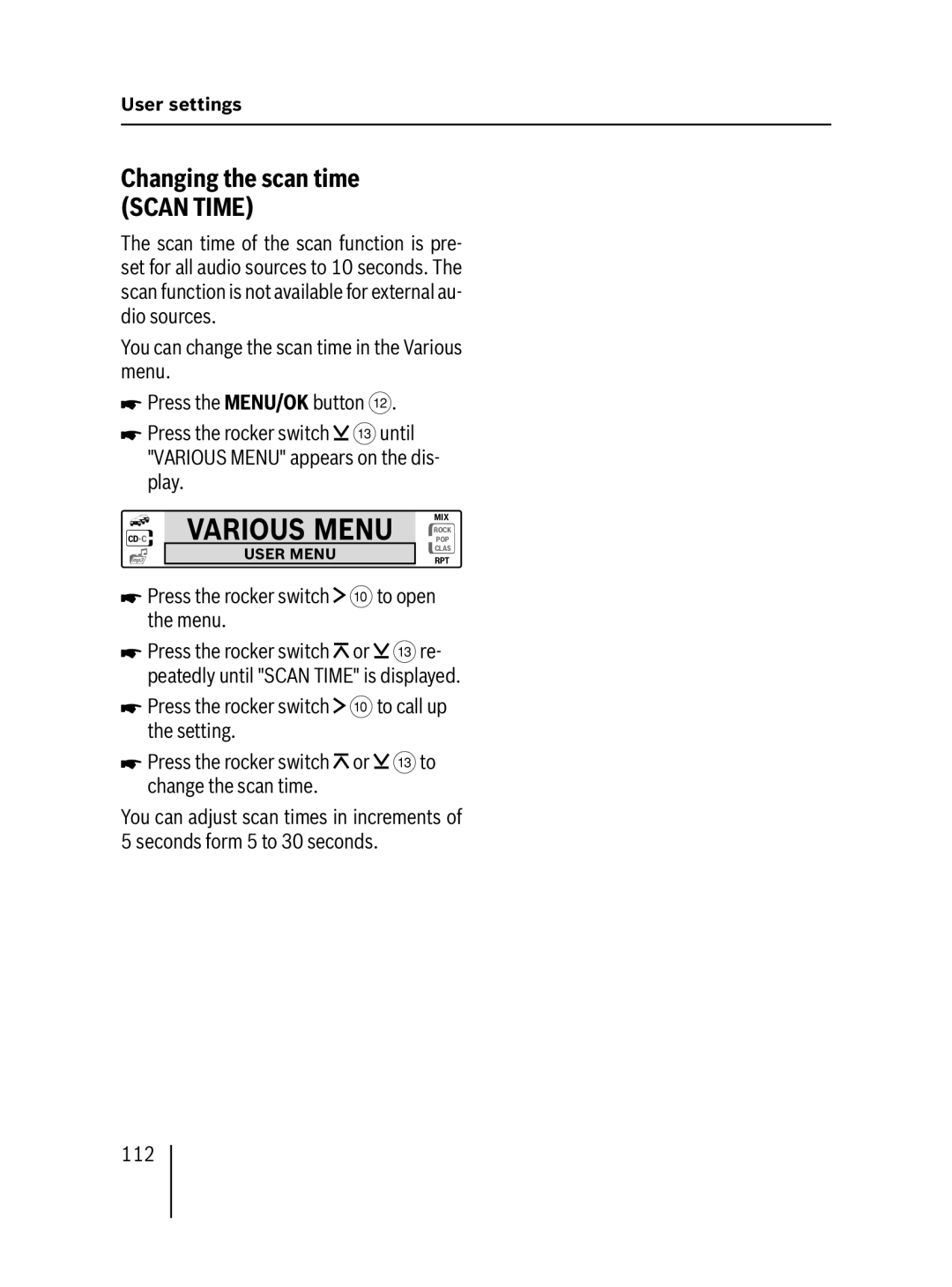 Blaupunkt MP57 operating instructions Changing the scan time Scan Time, 112 