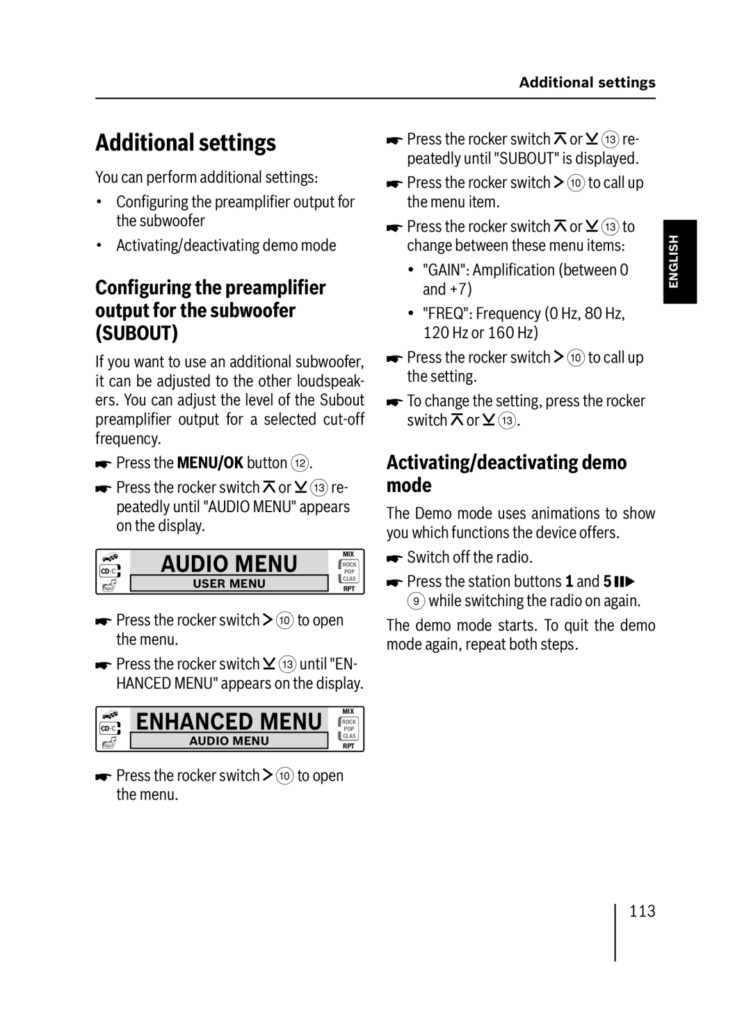 Blaupunkt MP57 operating instructions Additional settings, Activating/deactivating demo mode, Switch off the radio, 113 