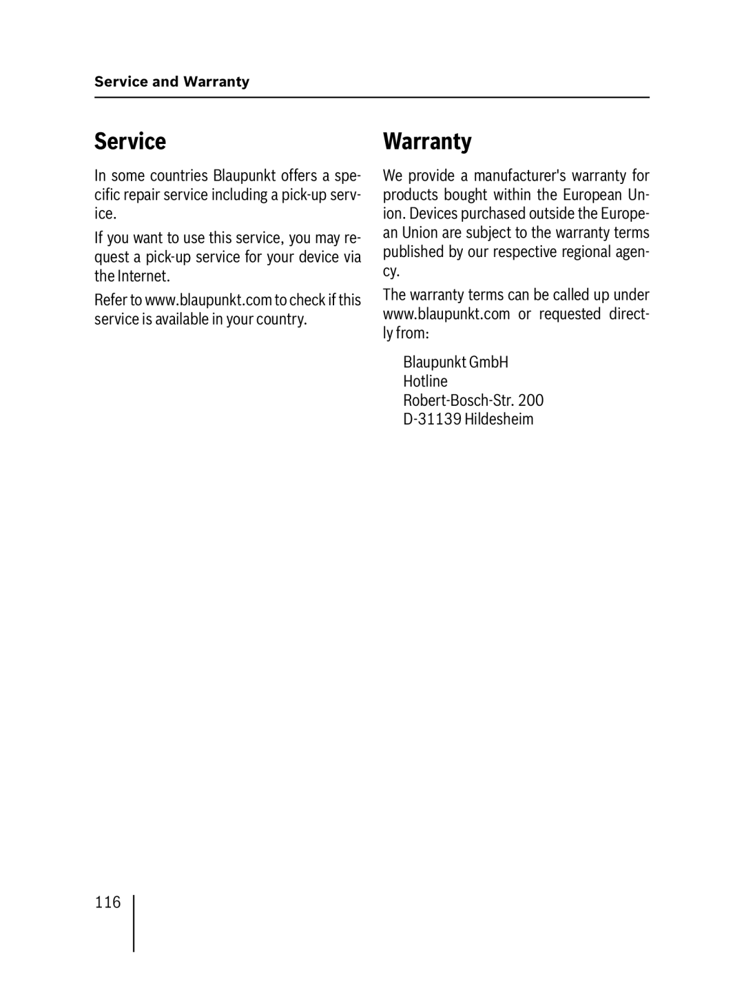 Blaupunkt MP57 operating instructions Service, Warranty, Blaupunkt GmbH Hotline Robert-Bosch-Str Hildesheim 116 