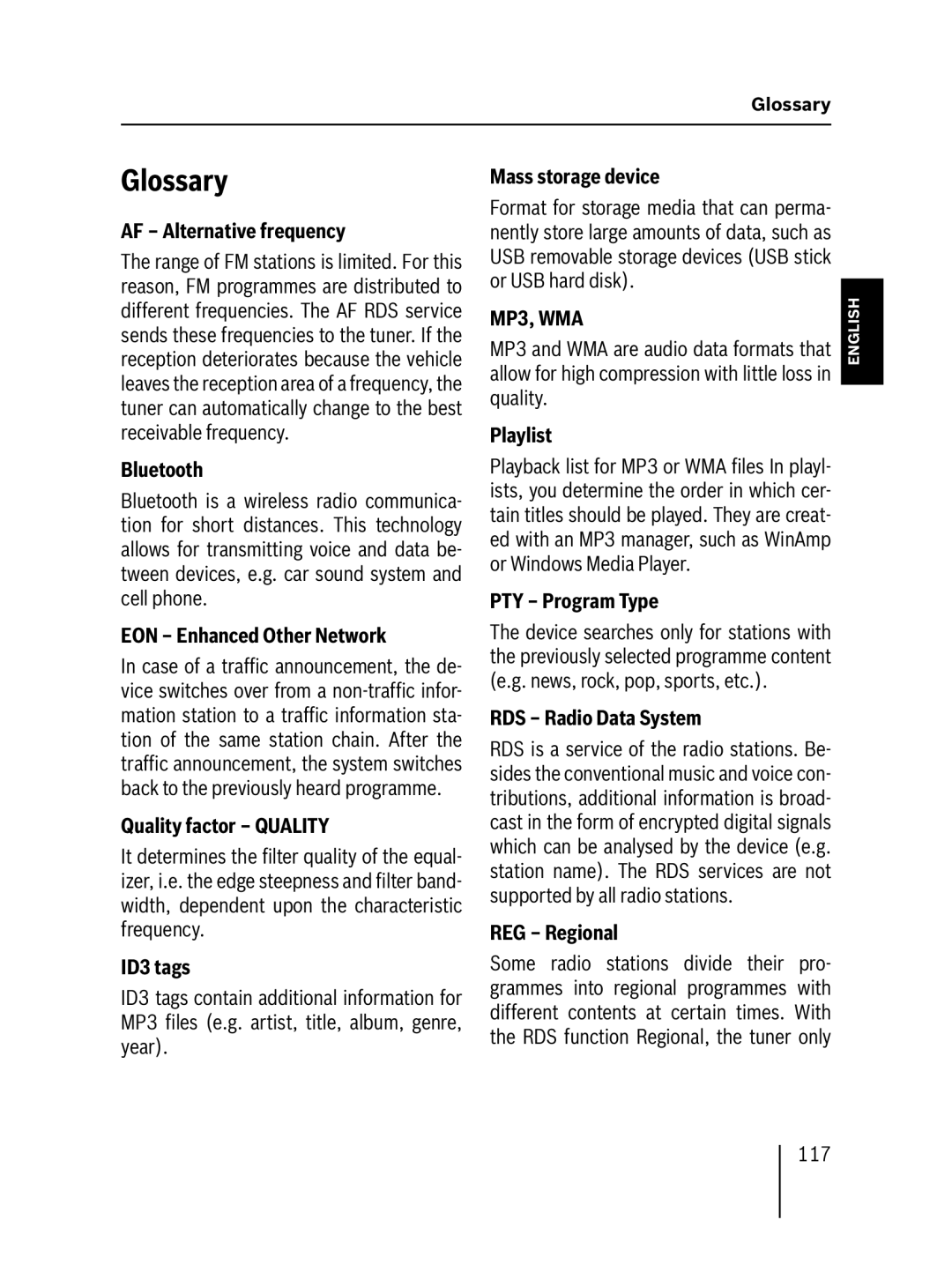 Blaupunkt MP57 operating instructions Glossary, MP3, WMA 