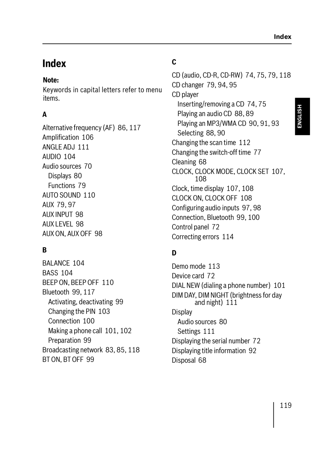 Blaupunkt MP57 Index, Displays Functions Auto Sound 110 AUX 79, Playing an MP3/WMA CD 90, 91, 93 Selecting 88, 119 