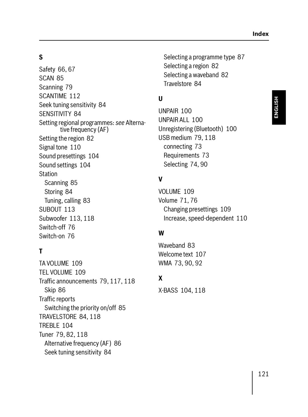 Blaupunkt MP57 Seek tuning sensitivity, Subout 113 Subwoofer 113, 118 Switch-off 76 Switch-on, Volume 71, 121 