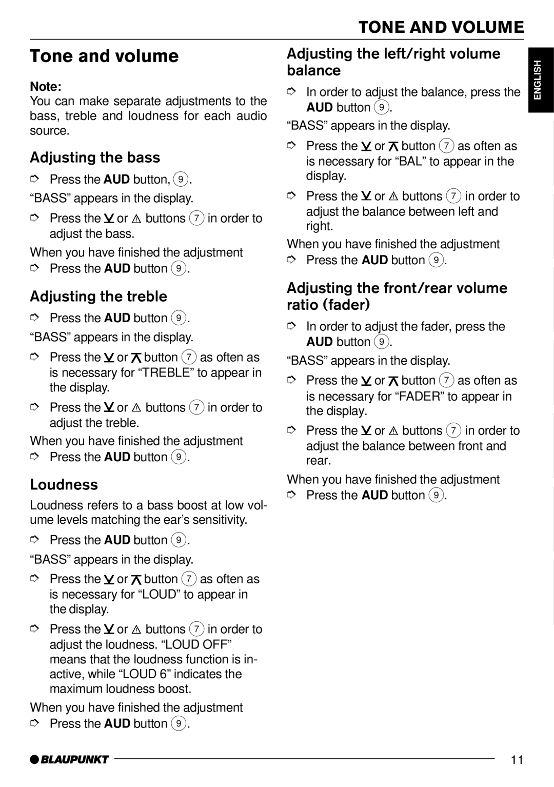 Blaupunkt MP71 operating instructions Tone and volume, Tone and Volume 