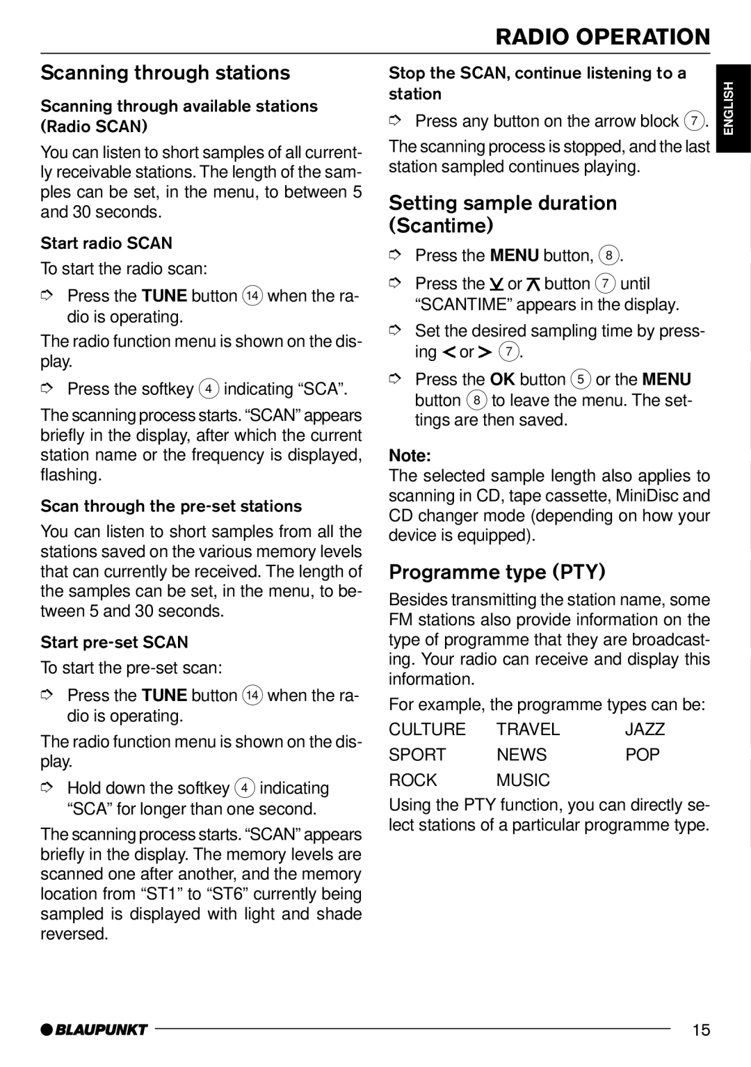 Blaupunkt MP71 operating instructions Scanning through stations, Setting sample duration Scantime, Programme type PTY 