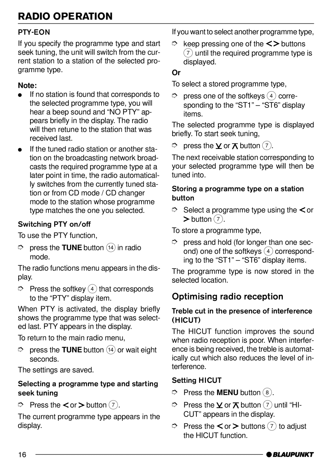 Blaupunkt MP71 operating instructions Optimising radio reception, Programme type is now stored in the selected location 