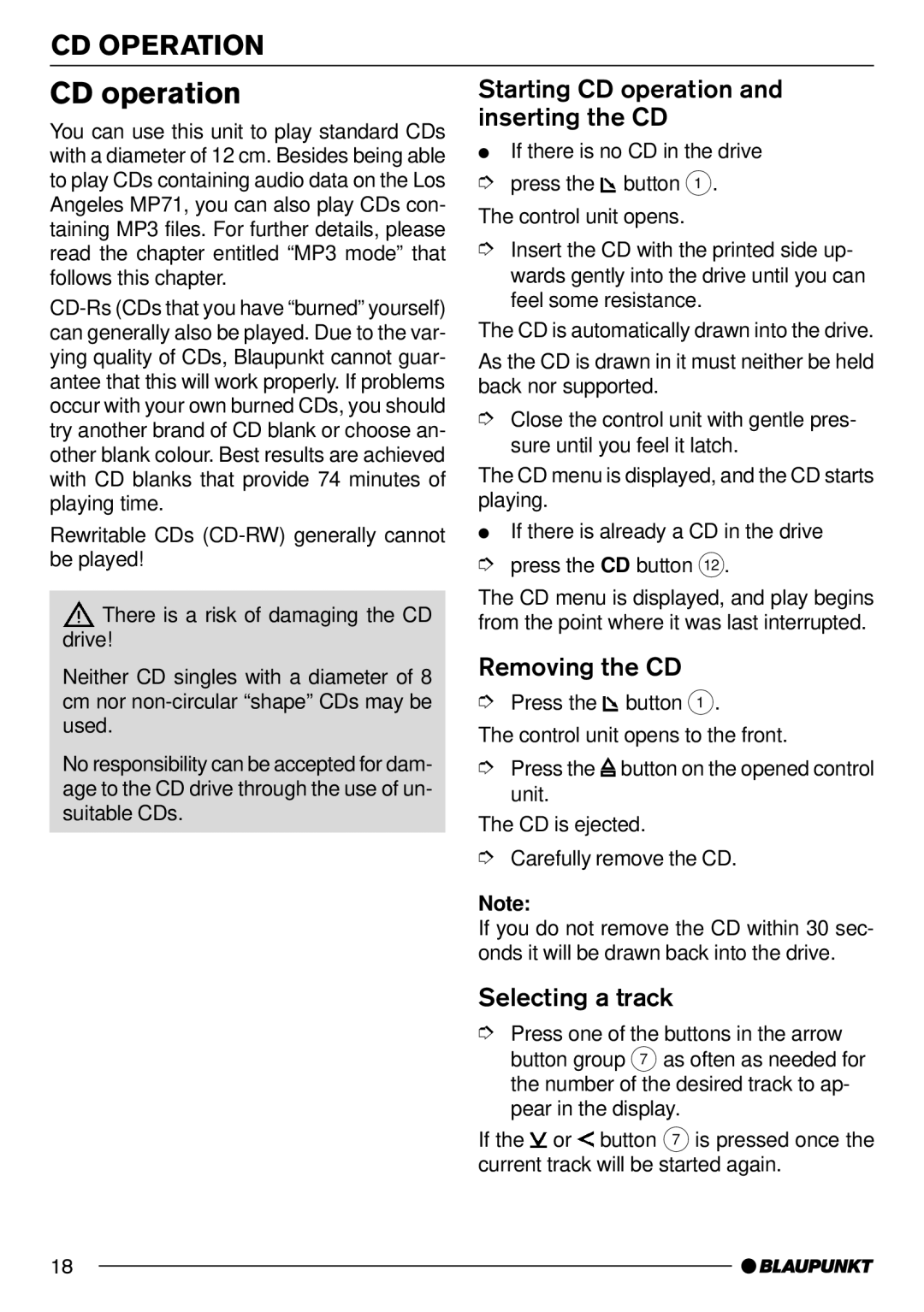 Blaupunkt MP71 CD Operation, Starting CD operation and inserting the CD, Removing the CD, Selecting a track 